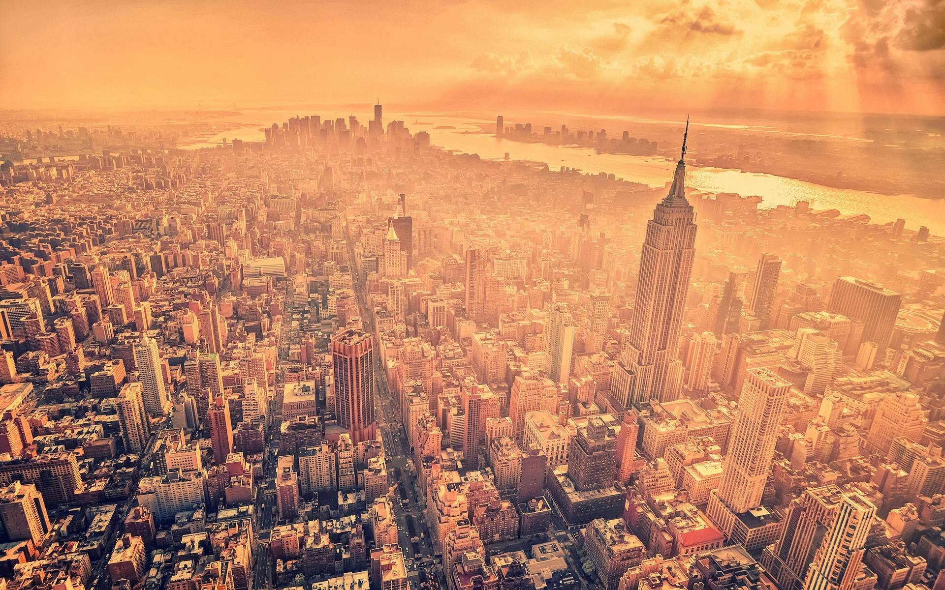 Aerial view of New York City skyline at sunset HD Wallpaper