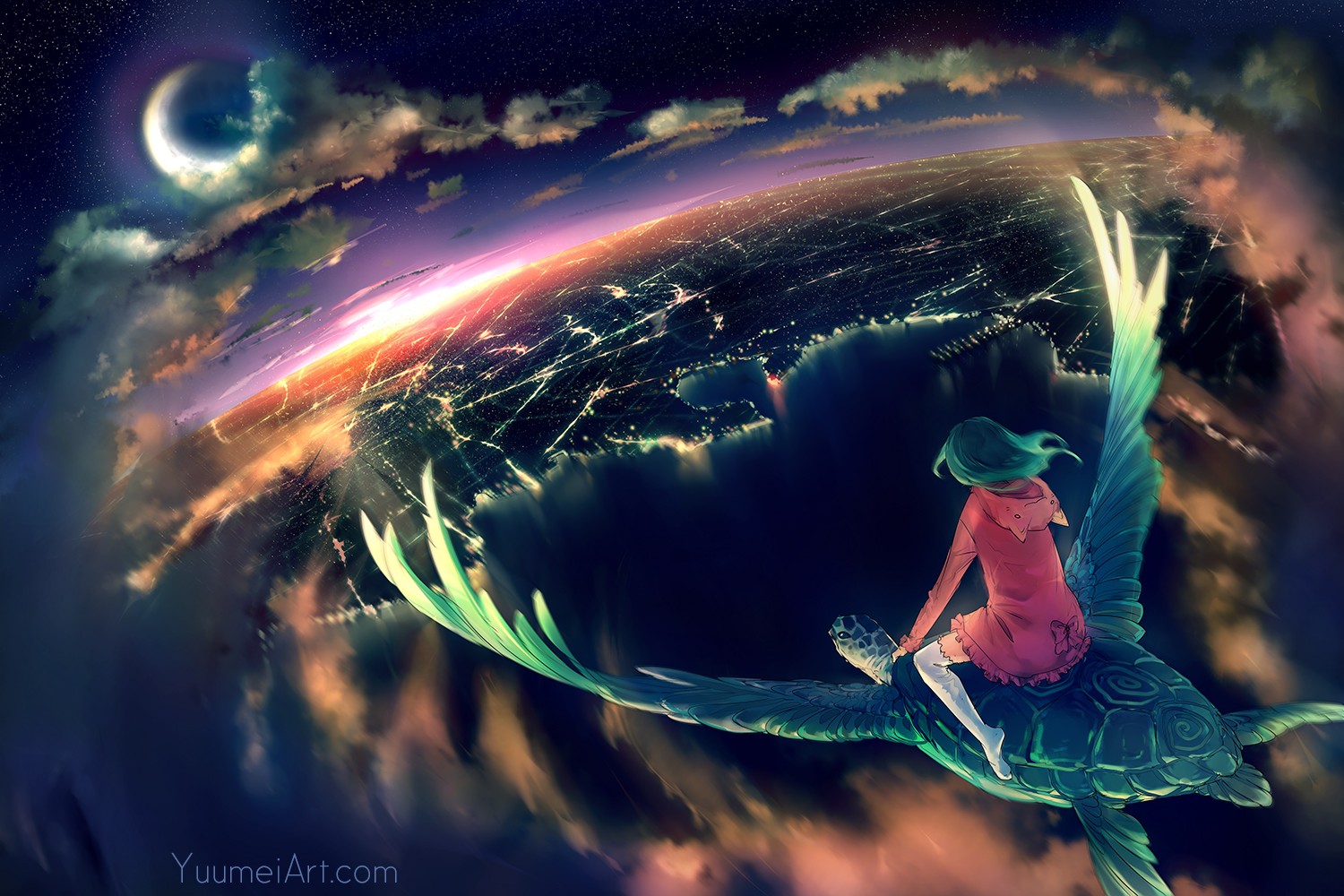 Girl riding a turtle over a cityscape at night HD Wallpaper
