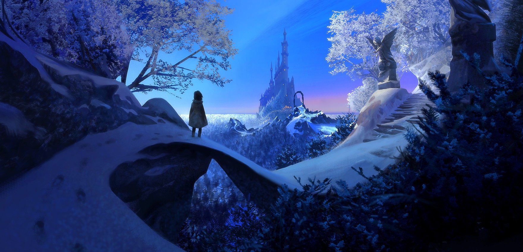 Girl in winter landscape with ice castle and angel statue HD Wallpaper