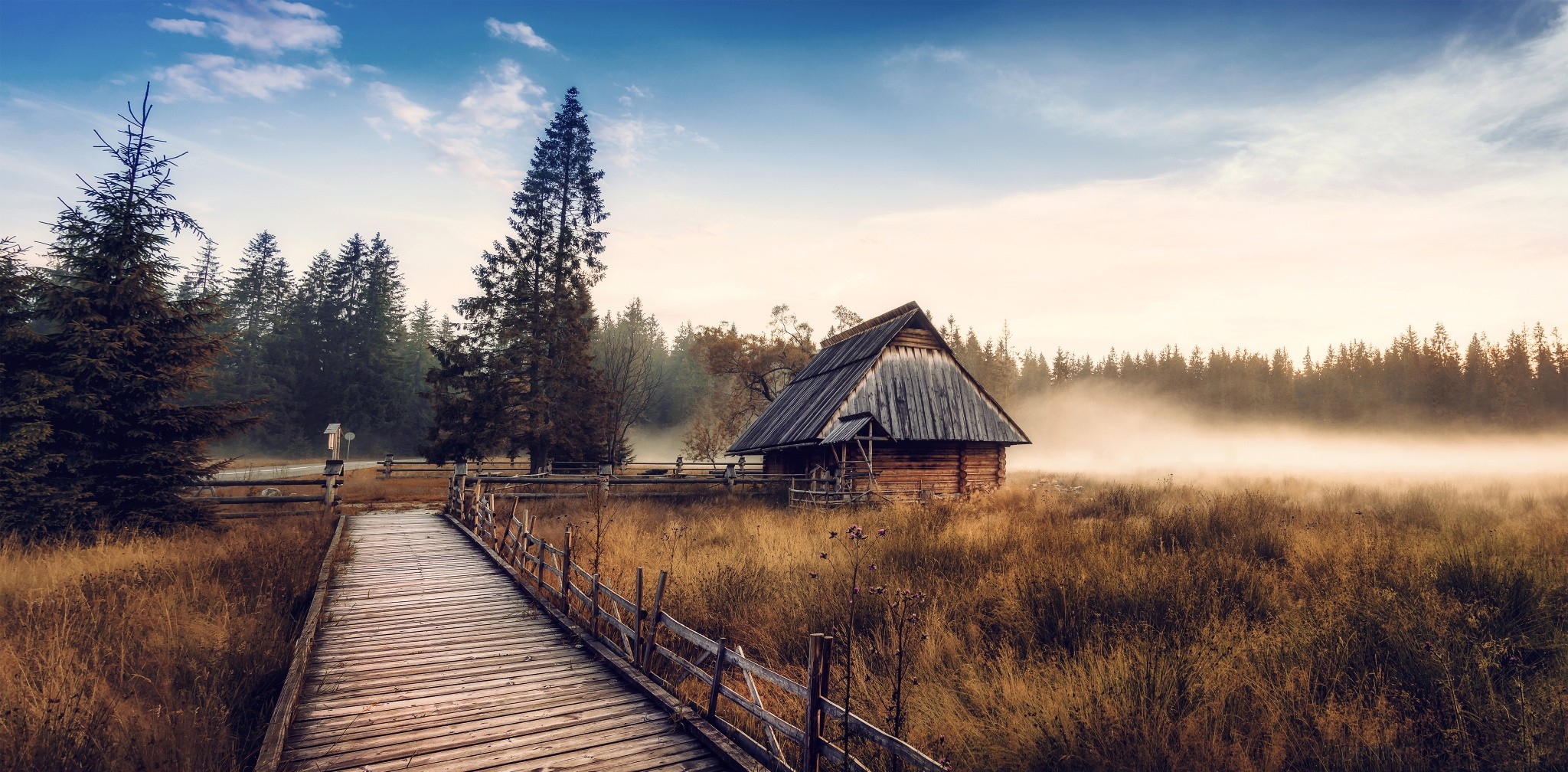 Wooden cabin and walkway in a misty forest landscape HD Wallpaper