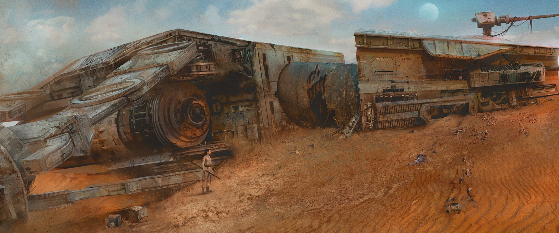 Star Wars: Rey and crashed ship on desert planet HD Wallpaper