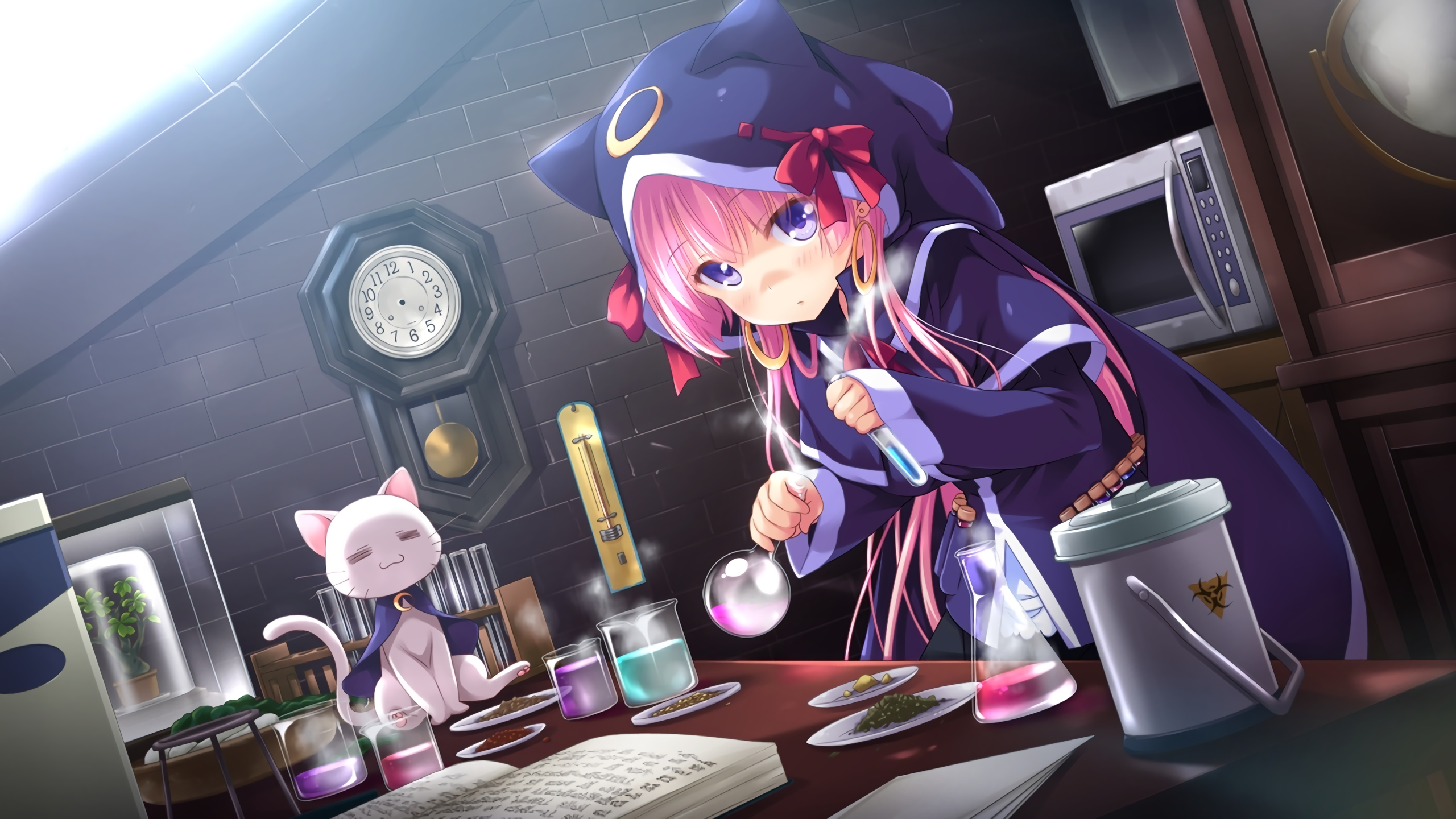 Sally Kirimiya in a laboratory with a cat HD Wallpaper