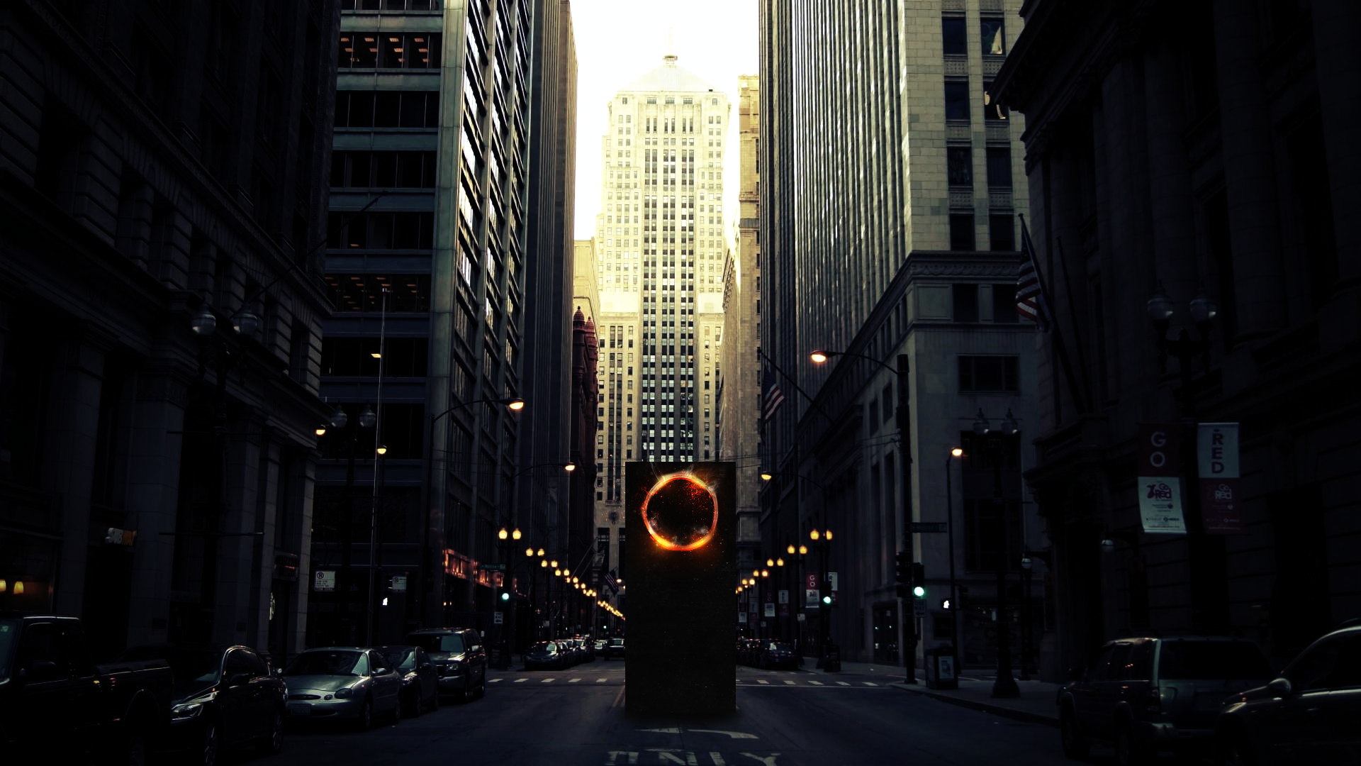 Dark city street with a glowing monolith HD Wallpaper