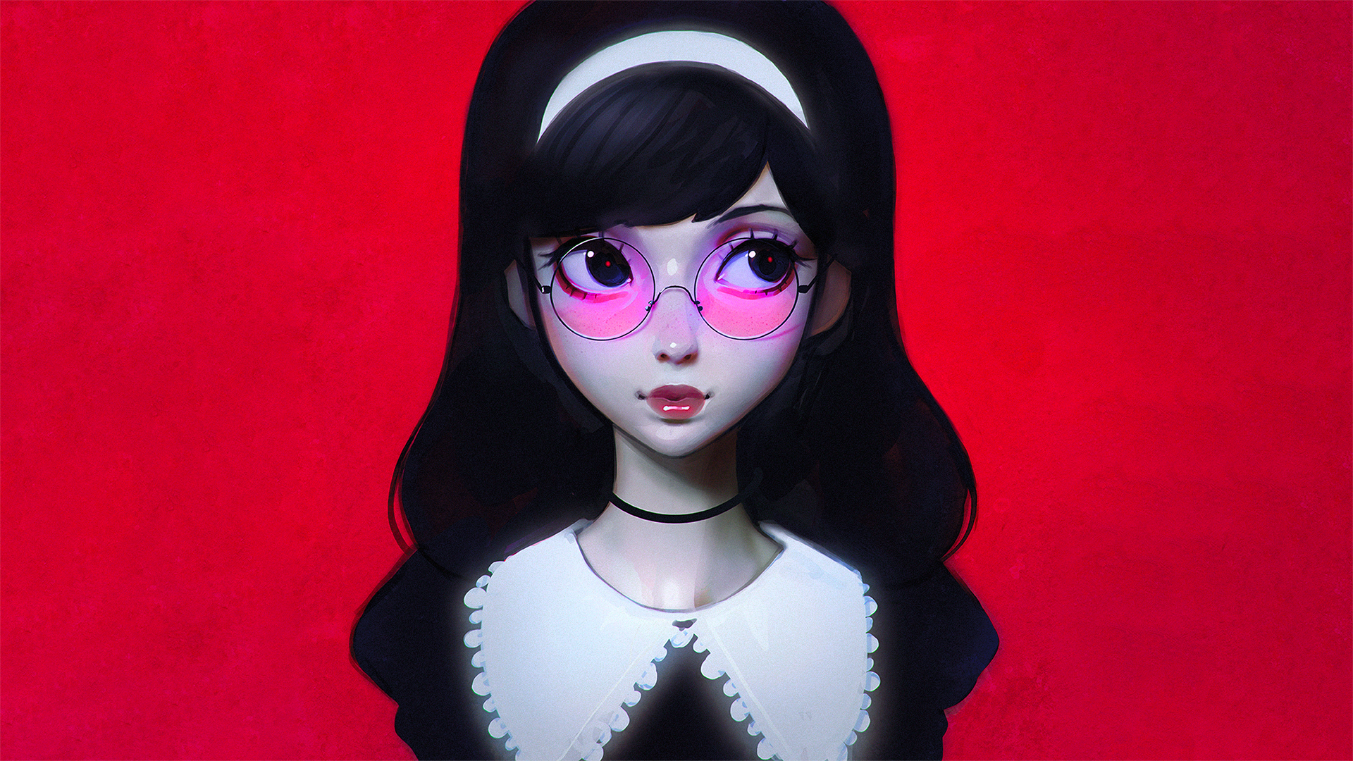 Girl with red glasses and headband by Ilya Kuvshinov HD Wallpaper