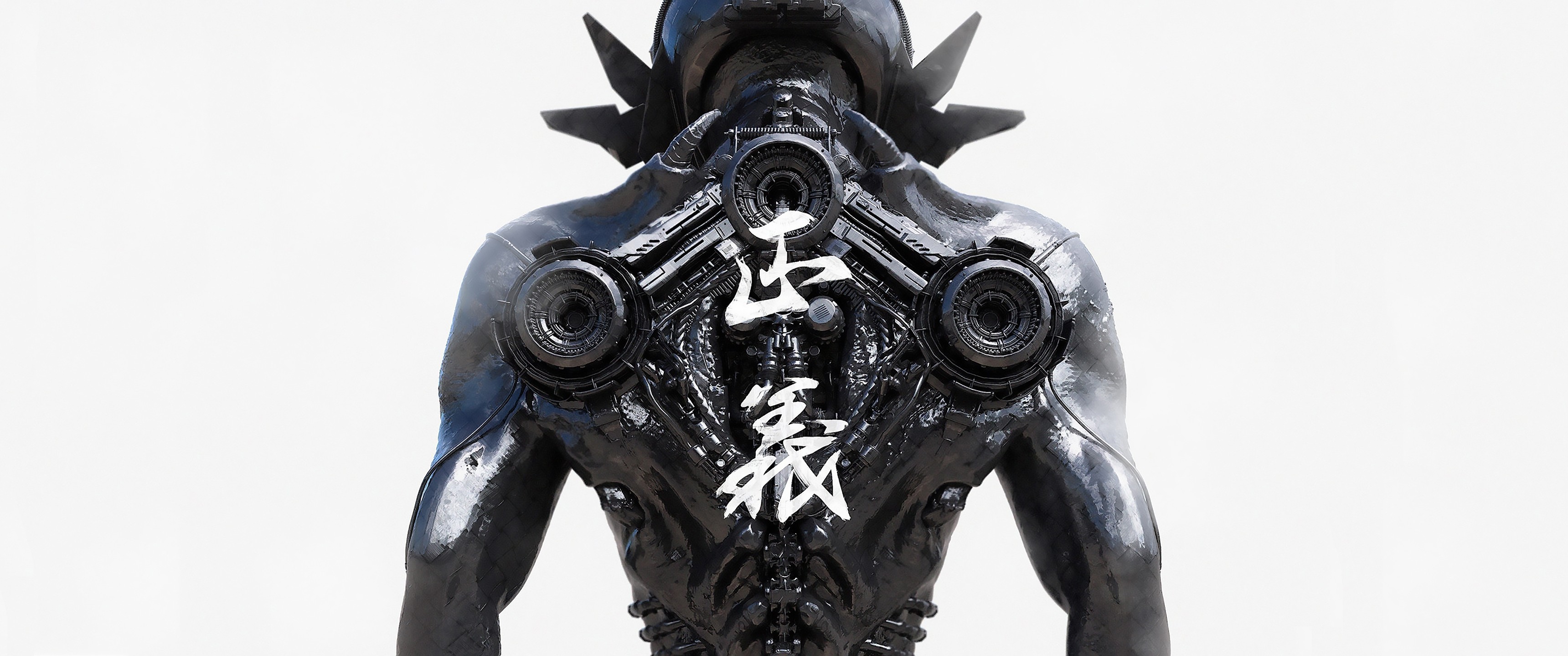 Black robot with white Japanese characters on its back HD Wallpaper