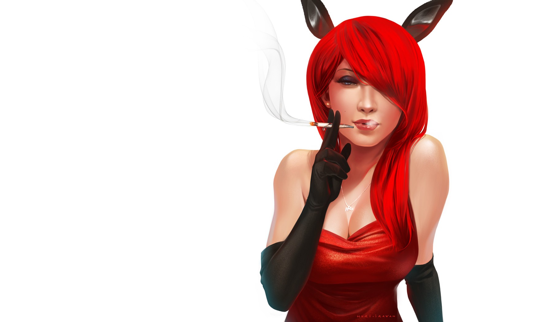 Redhead woman with bunny ears smoking a cigarette HD Wallpaper