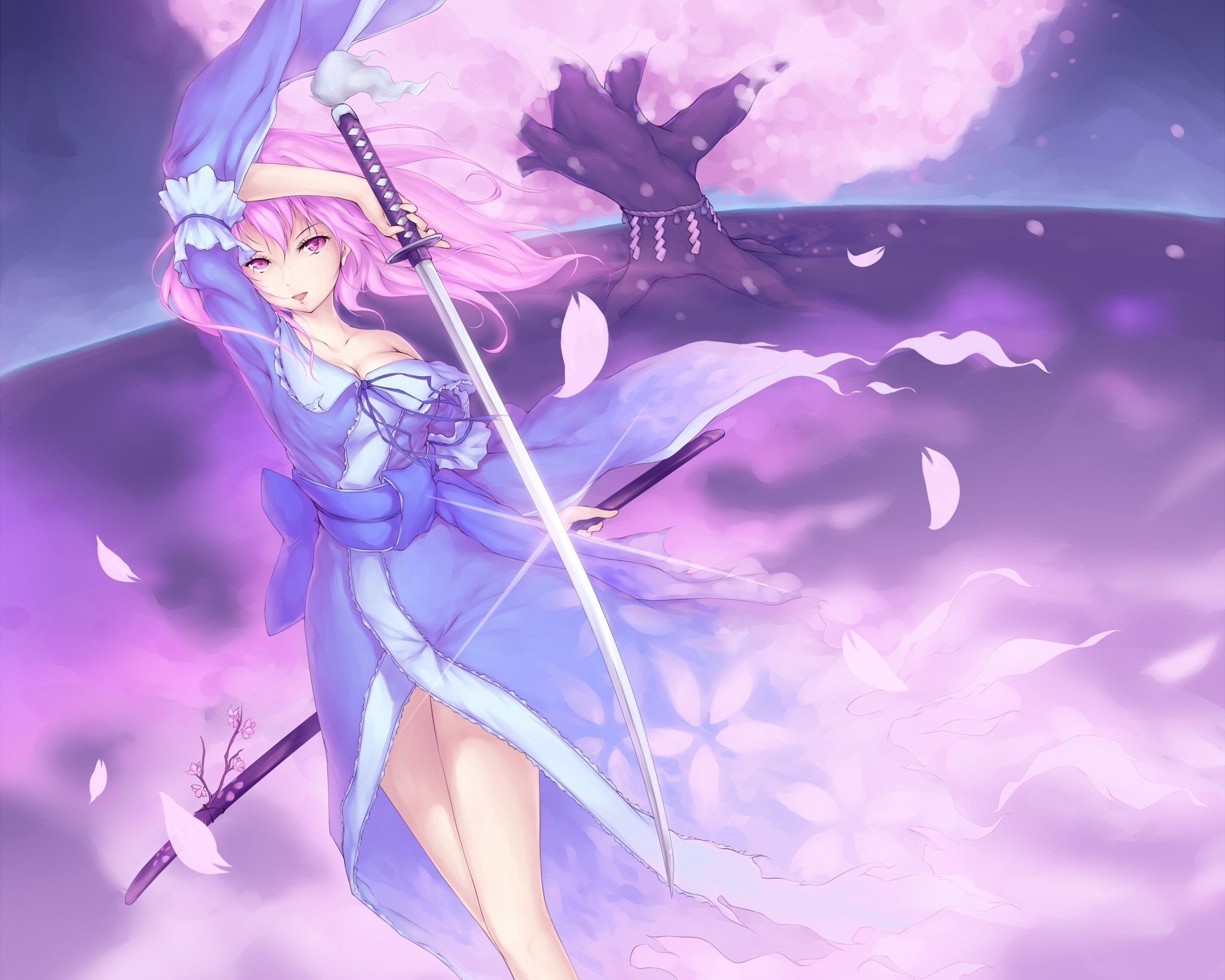 Saigyouji Yuyuko with a sword and cherry blossoms HD Wallpaper