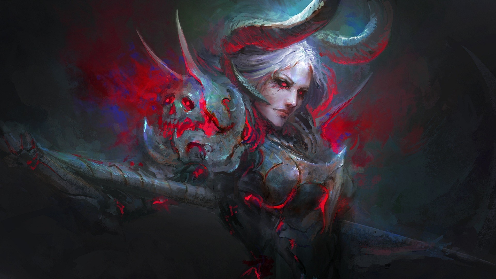 Demon woman with horns and skull armor HD Wallpaper