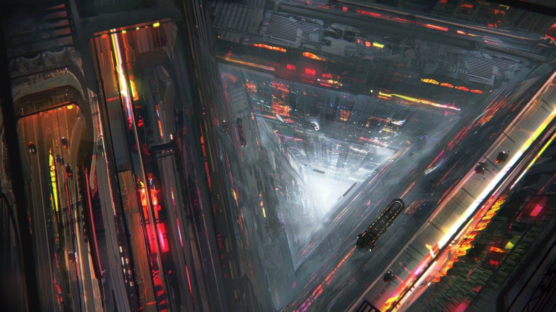 Futuristic city concept art with triangular perspective HD Wallpaper