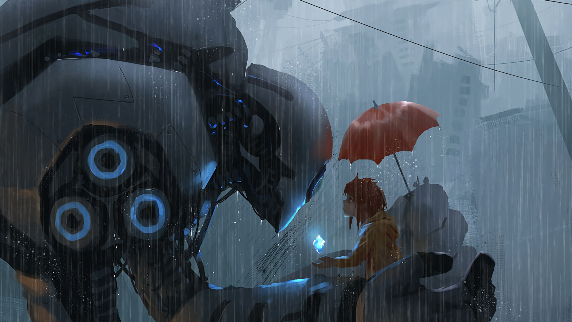 Girl with umbrella and robot in the rain HD Wallpaper