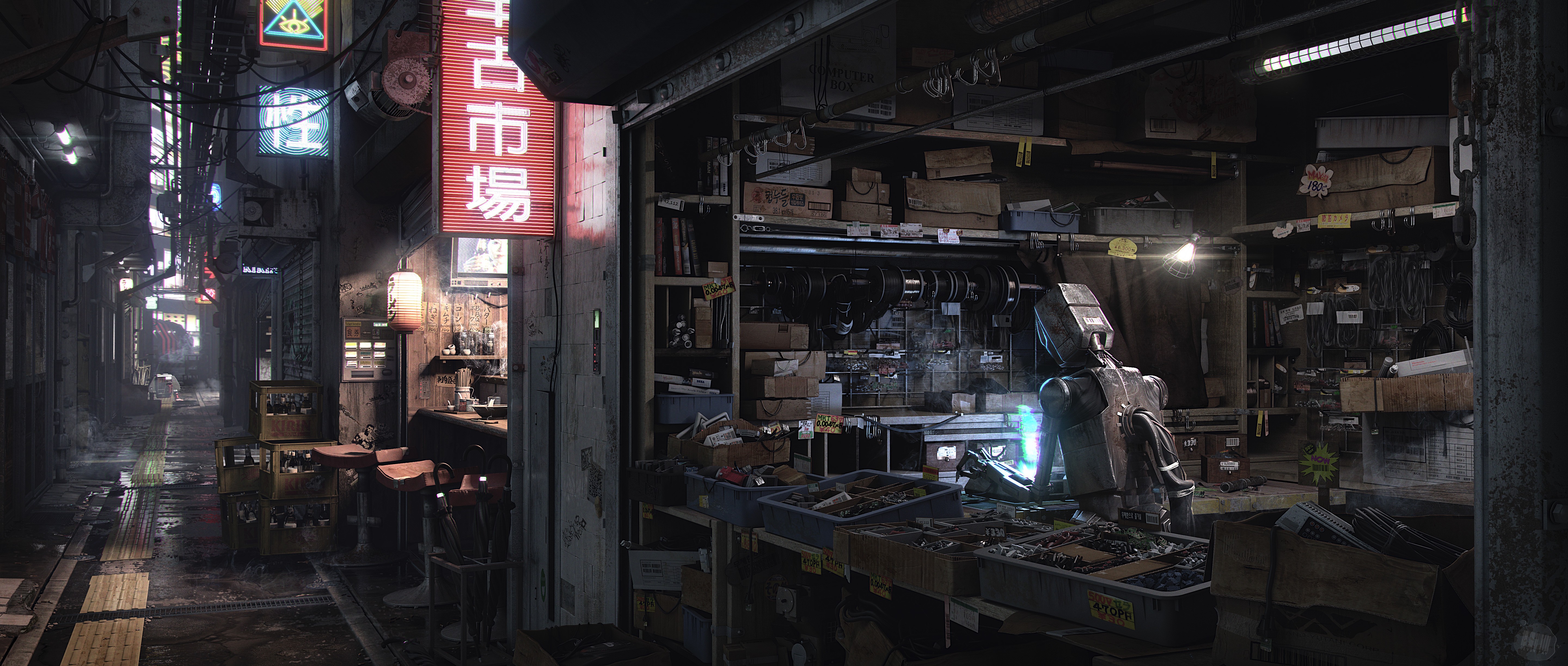 Futuristic robot in a cyberpunk market stall HD Wallpaper