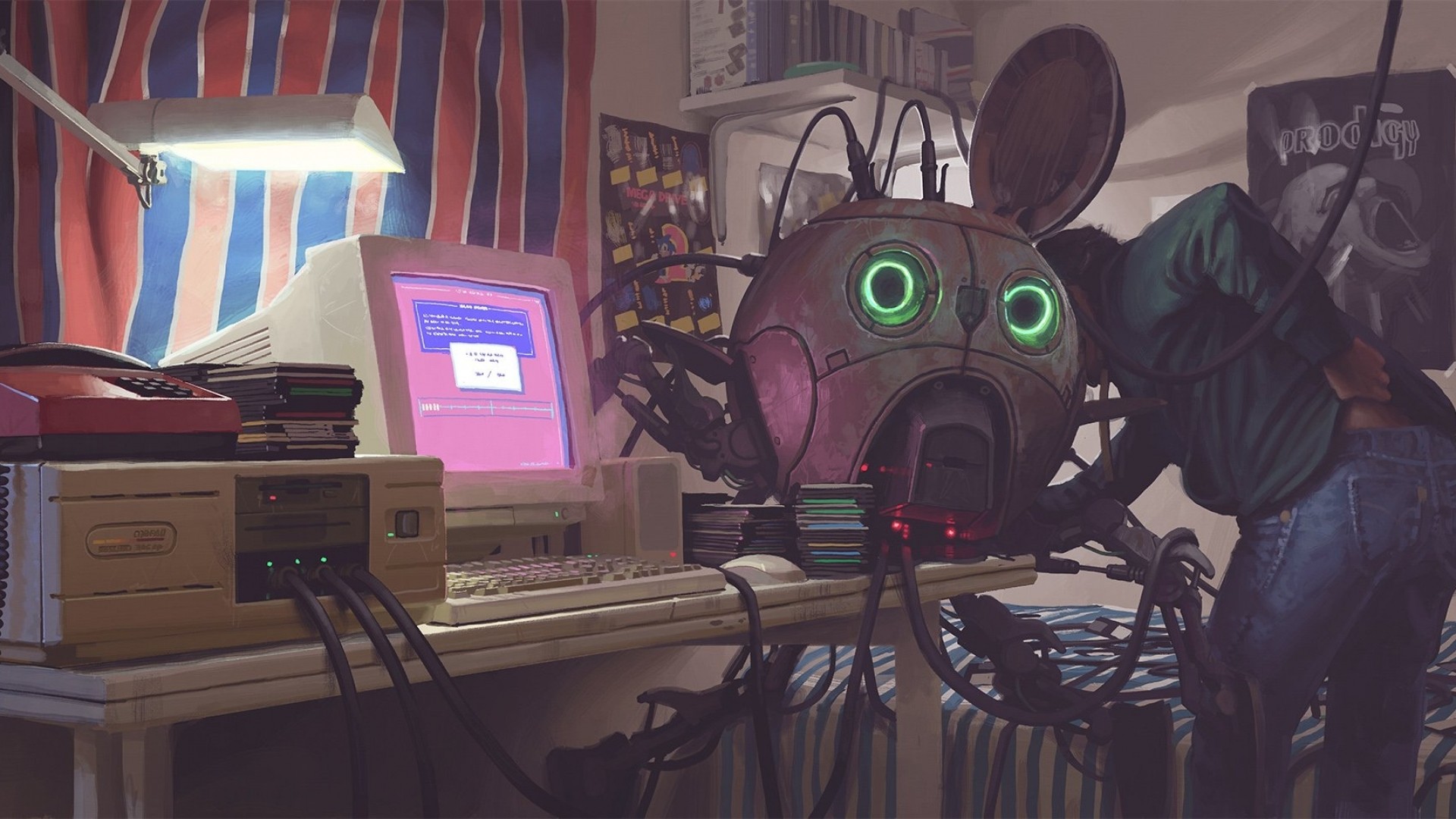 Simon Stålenhag artwork of a robot and a person at a computer HD Wallpaper