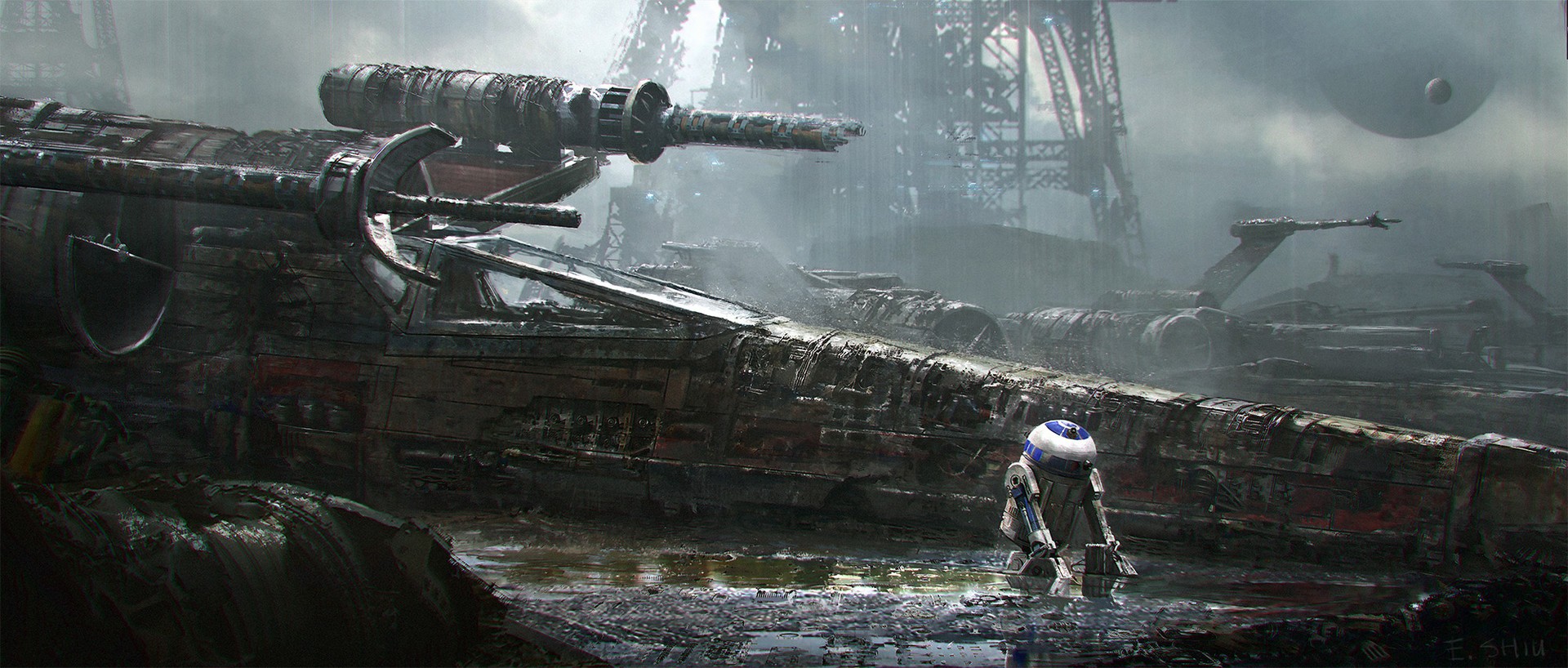 Star Wars X-wing and R2-D2 in a junkyard HD Wallpaper