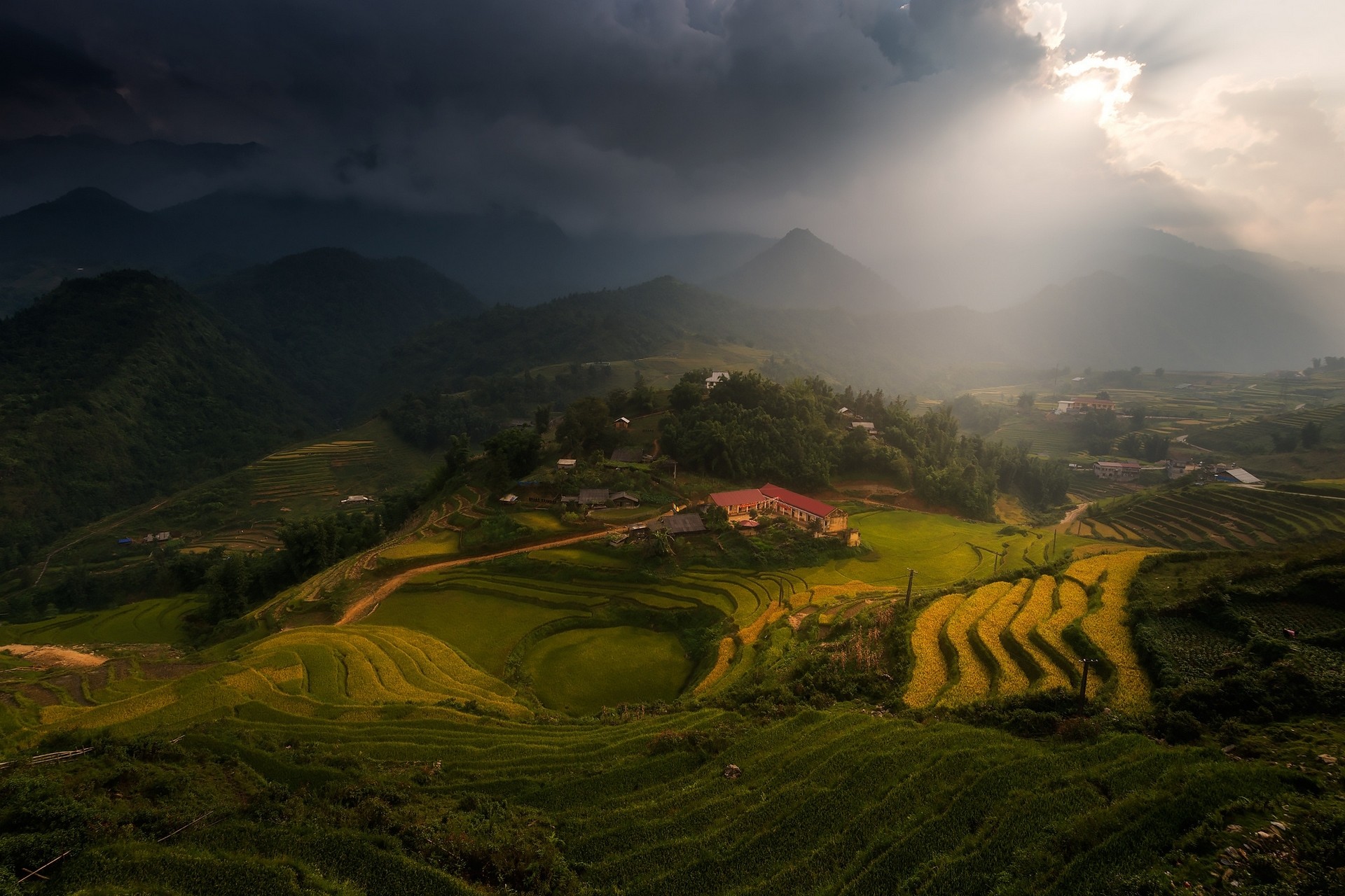 Sunlight beams through clouds over rice terraces in Vietnam HD Wallpaper