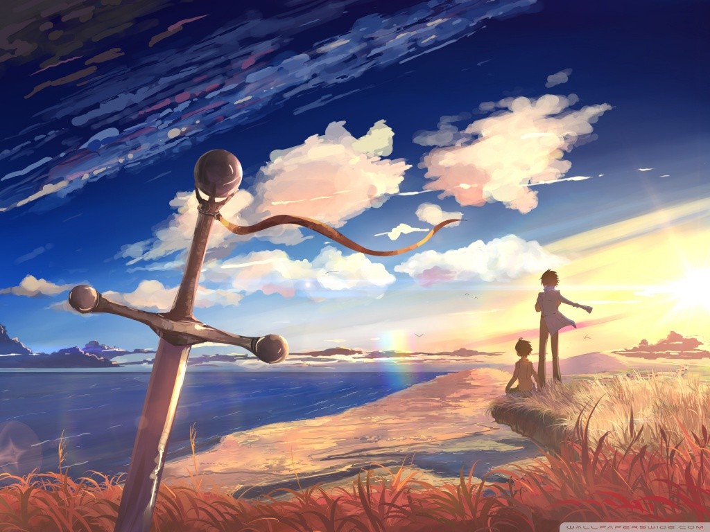 Anime boys and sword by the sea at sunset HD Wallpaper
