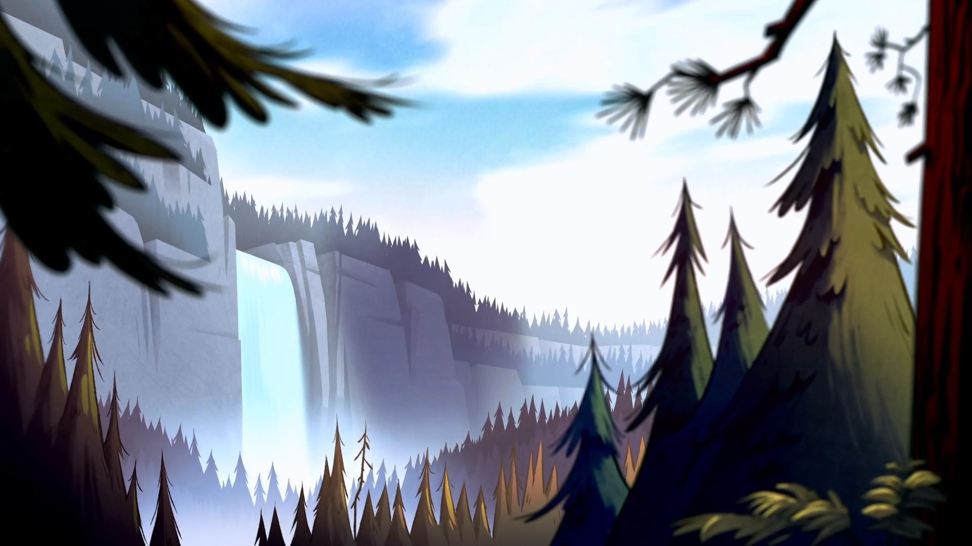 Gravity Falls Waterfall and Forest Landscape HD Wallpaper