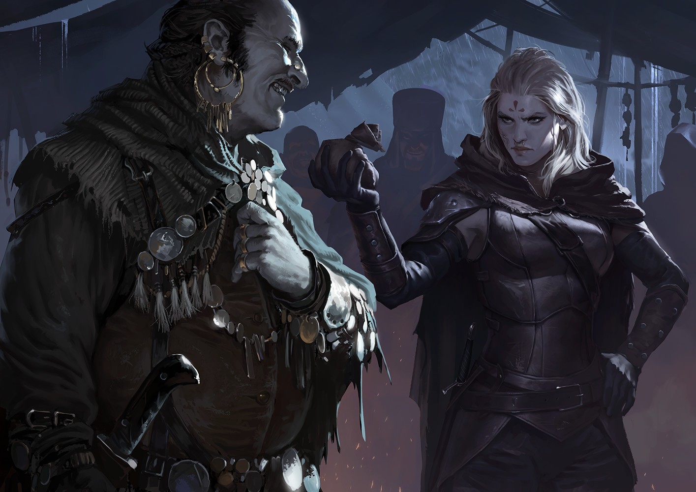 Fantasy art of a transaction between two characters HD Wallpaper