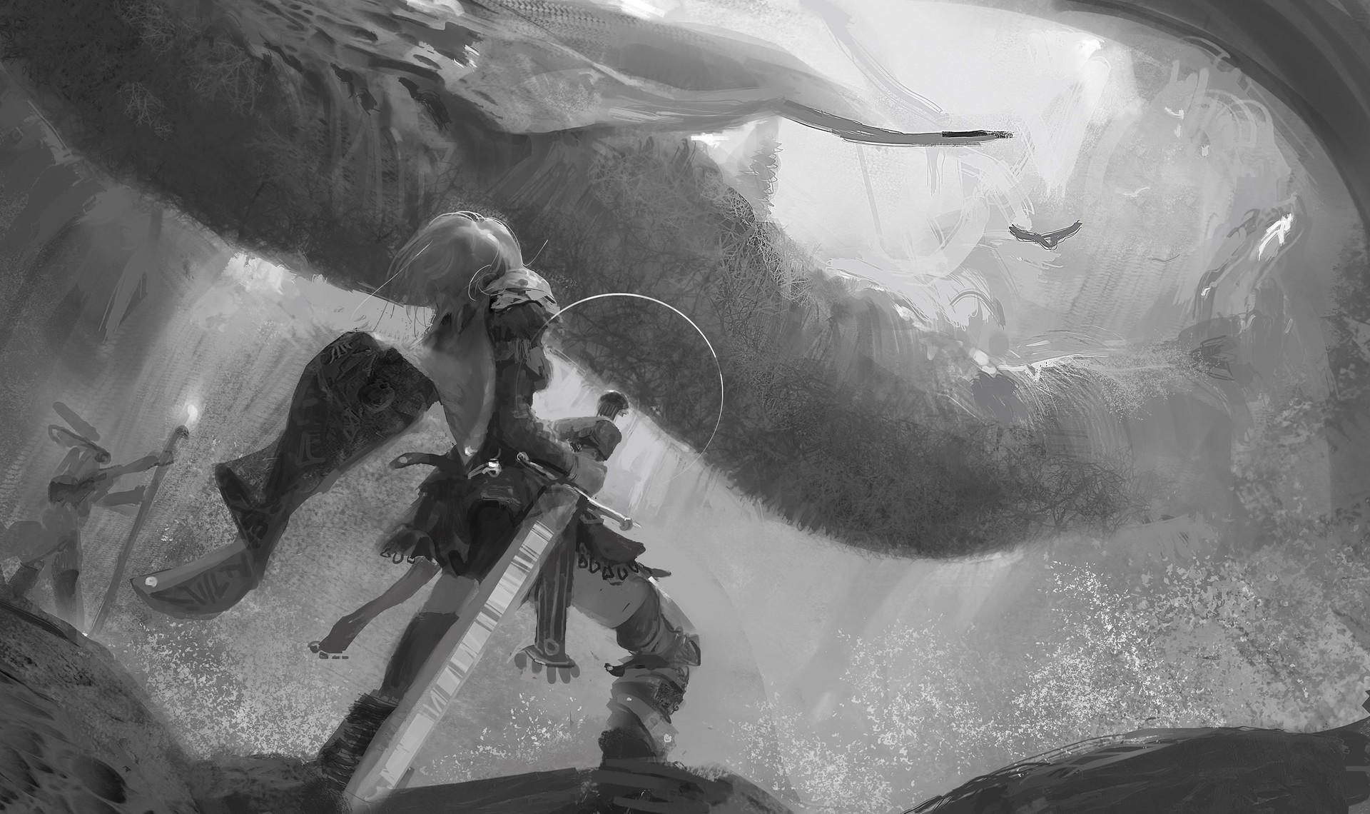 Fantasy art of a warrior facing a giant creature HD Wallpaper