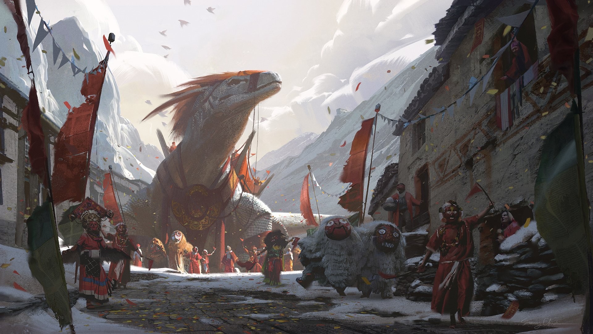 Dragon parade in a snowy mountain village HD Wallpaper