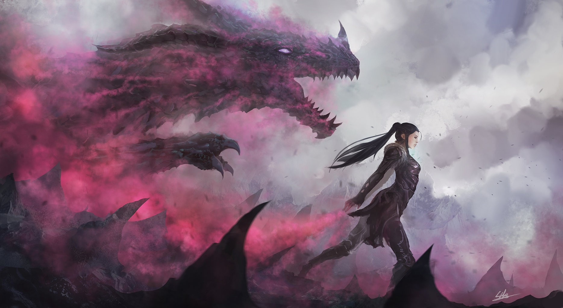 A woman runs from a large dragon made of smoke HD Wallpaper