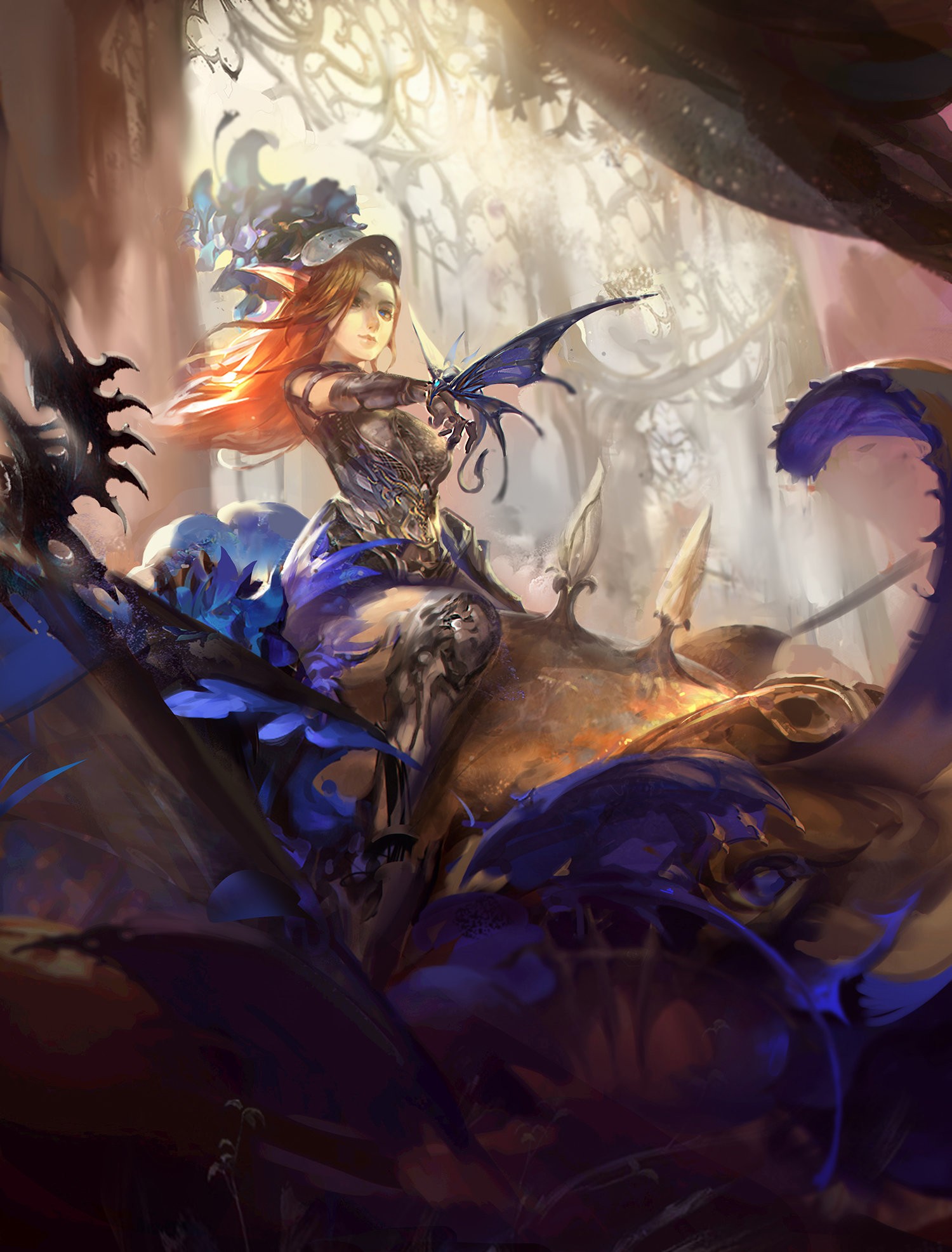 Elf warrior riding a creature in a forest HD Wallpaper