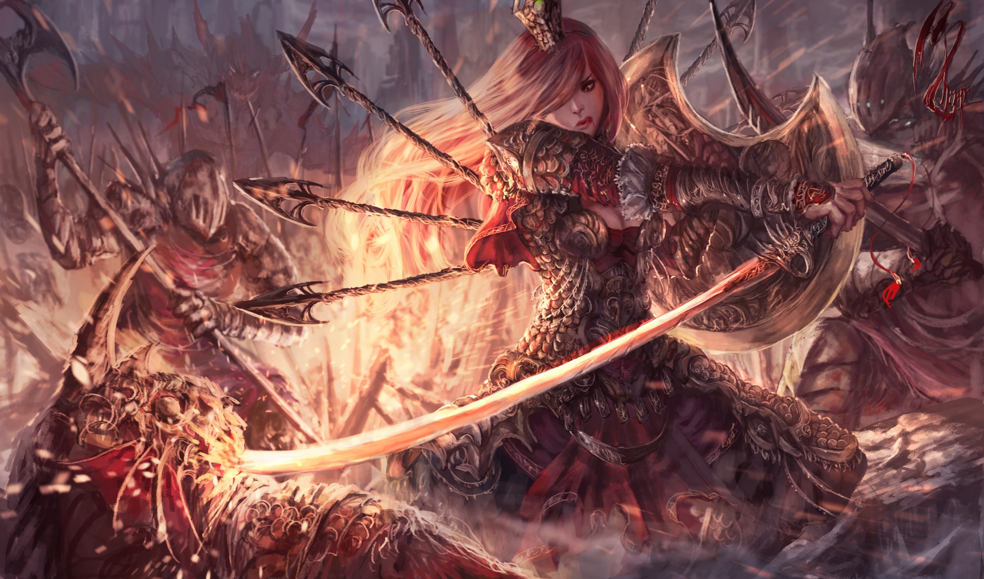 Fantasy warrior queen in battle with monsters HD Wallpaper