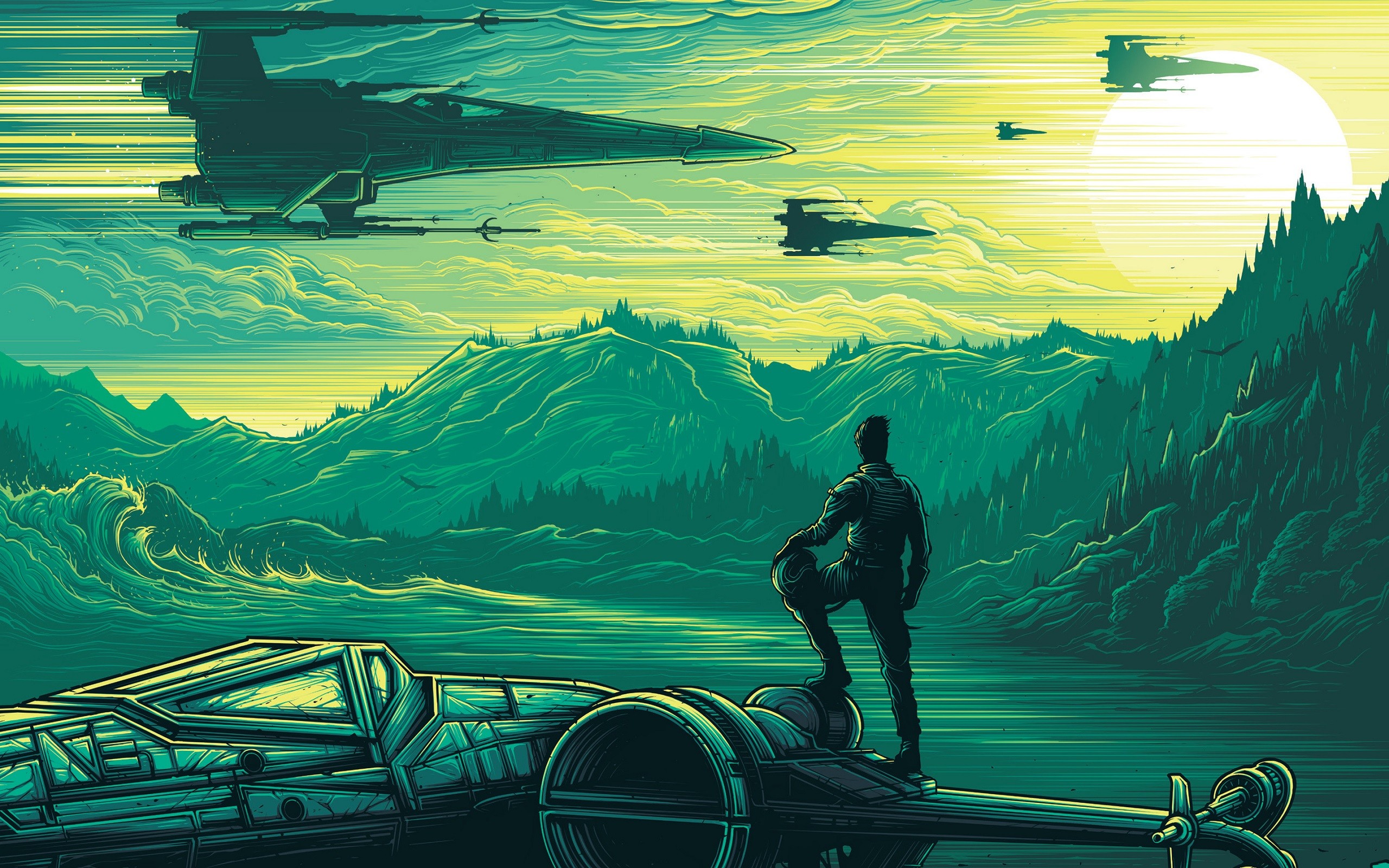 Star Wars X-wing artwork with pilot overlooking landscape HD Wallpaper