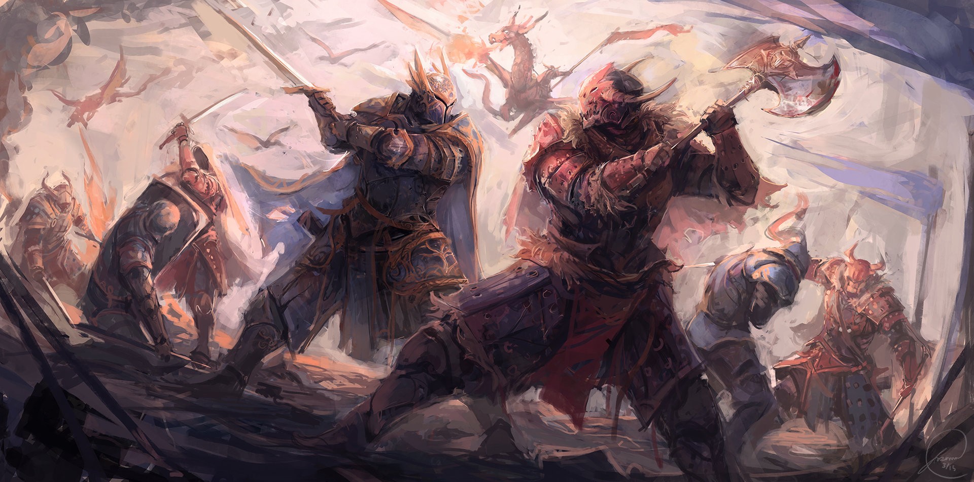 Fantasy knights battling with dragons overhead HD Wallpaper