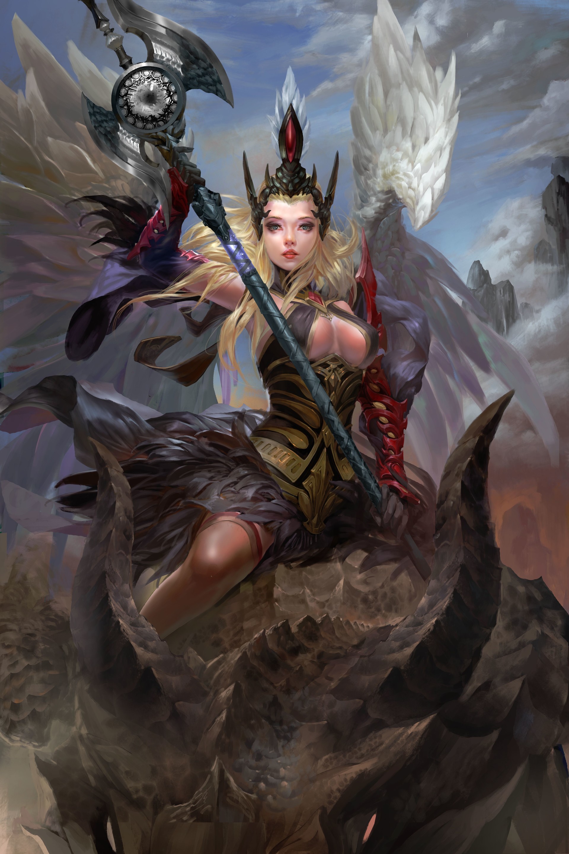 Fantasy woman with wings and staff on a dragon HD Wallpaper