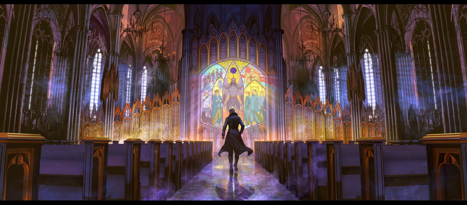 Man walks through a gothic cathedral towards stained glass HD Wallpaper