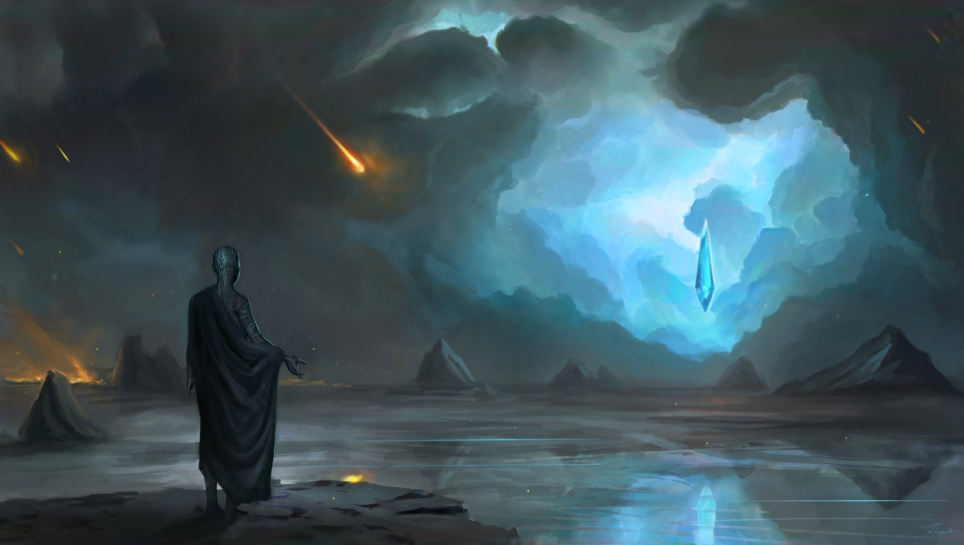 Fantasy art with a figure and a crystal HD Wallpaper