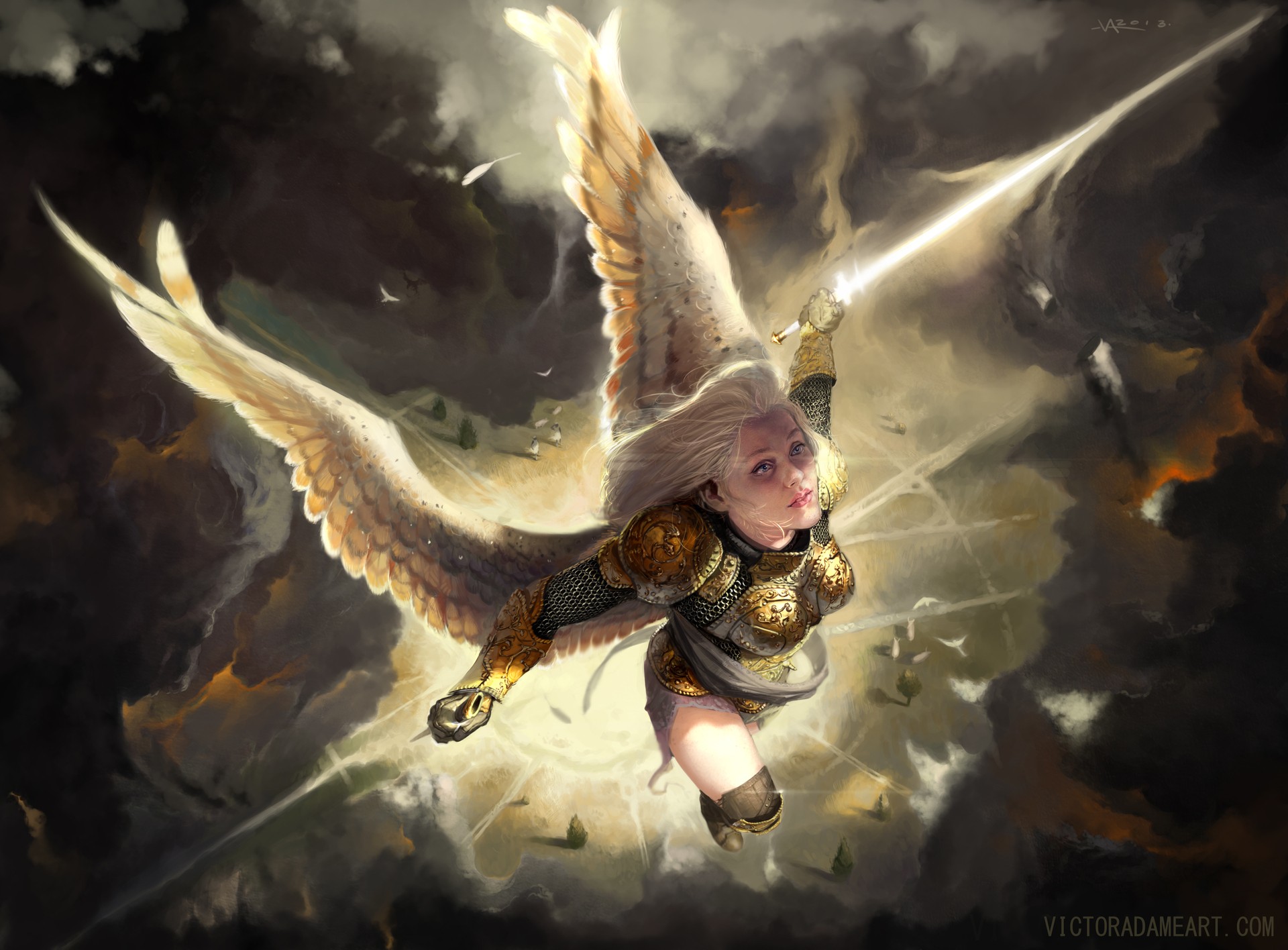 Angel with sword flying through stormy clouds HD Wallpaper