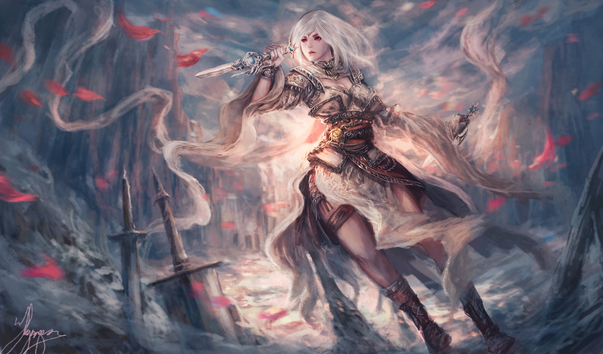 Fantasy art of a warrior woman with swords HD Wallpaper