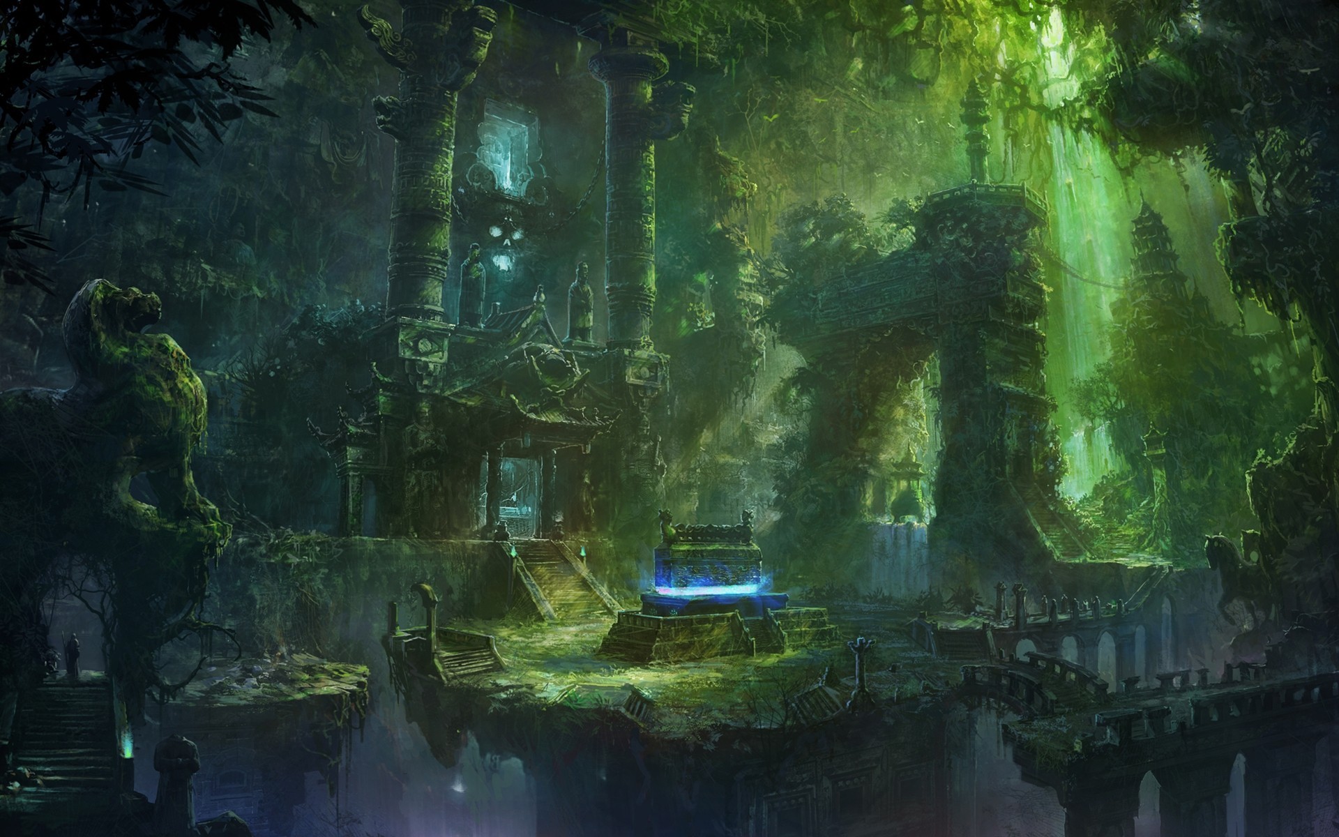 Ancient overgrown temple in a mystical jungle HD Wallpaper