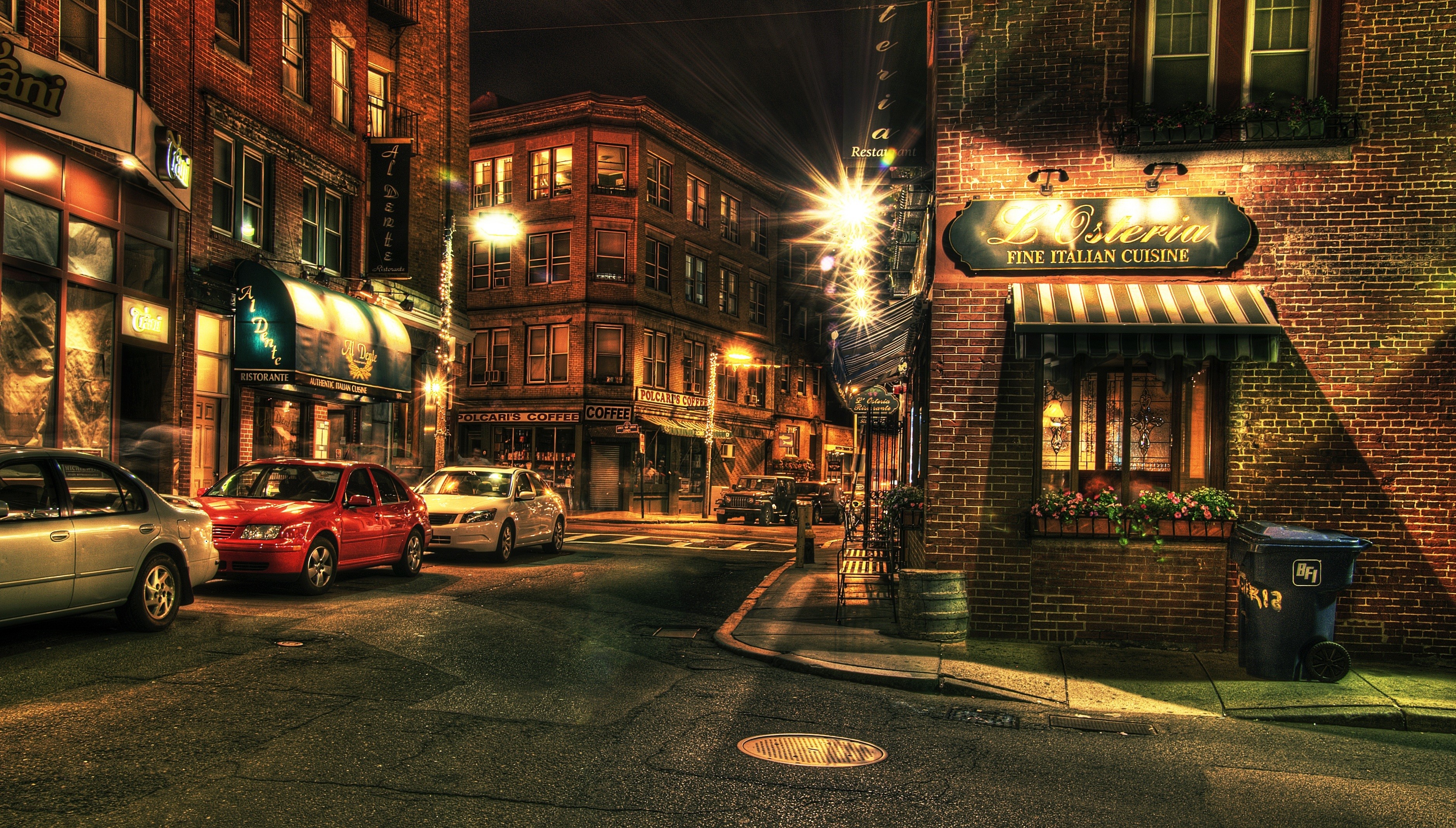 Night street scene in Boston with cars and restaurants HD Wallpaper