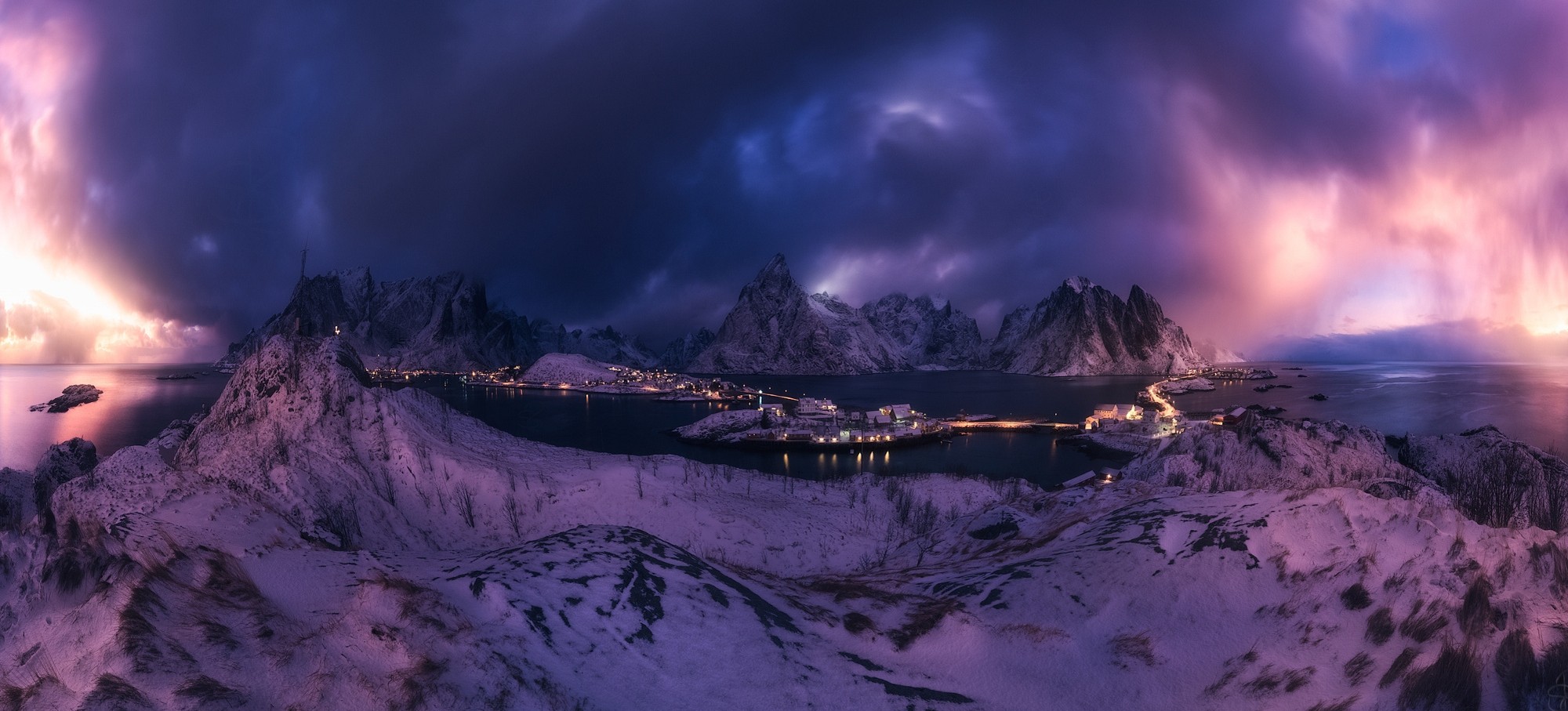 cold, Lofoten Islands, Norway, landscape, sky, nature, winter, sea, panoramas, Reine, snow, lights, mountains, clouds HD Wallpaper