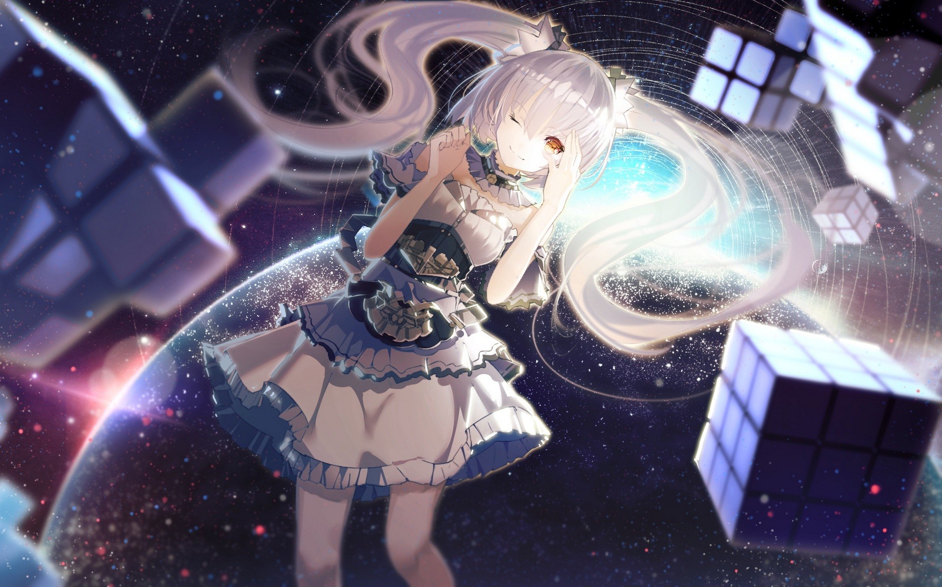 Girl with white twintails and yellow eyes in space HD Wallpaper