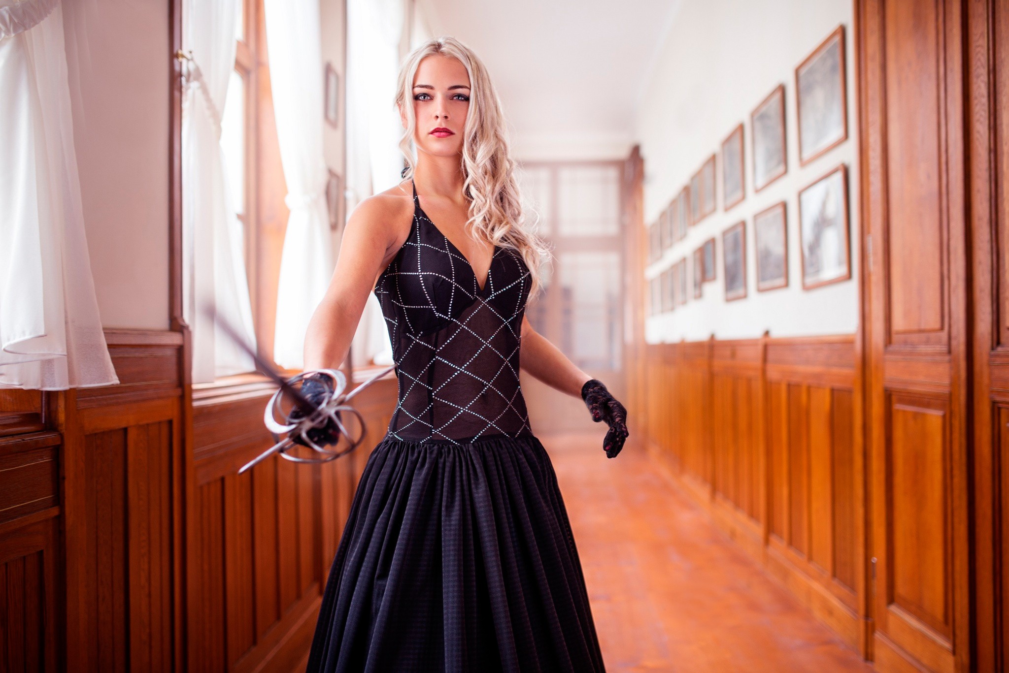 Woman in black dress holding a fencing sword HD Wallpaper