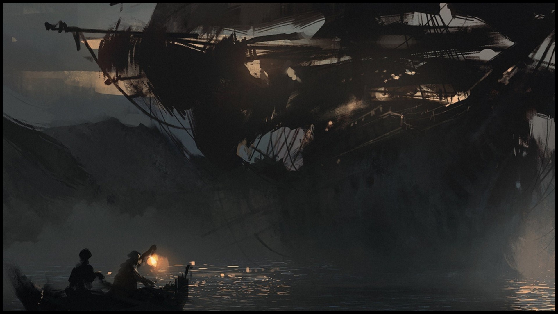 Two people in a boat near a large, dark ship HD Wallpaper