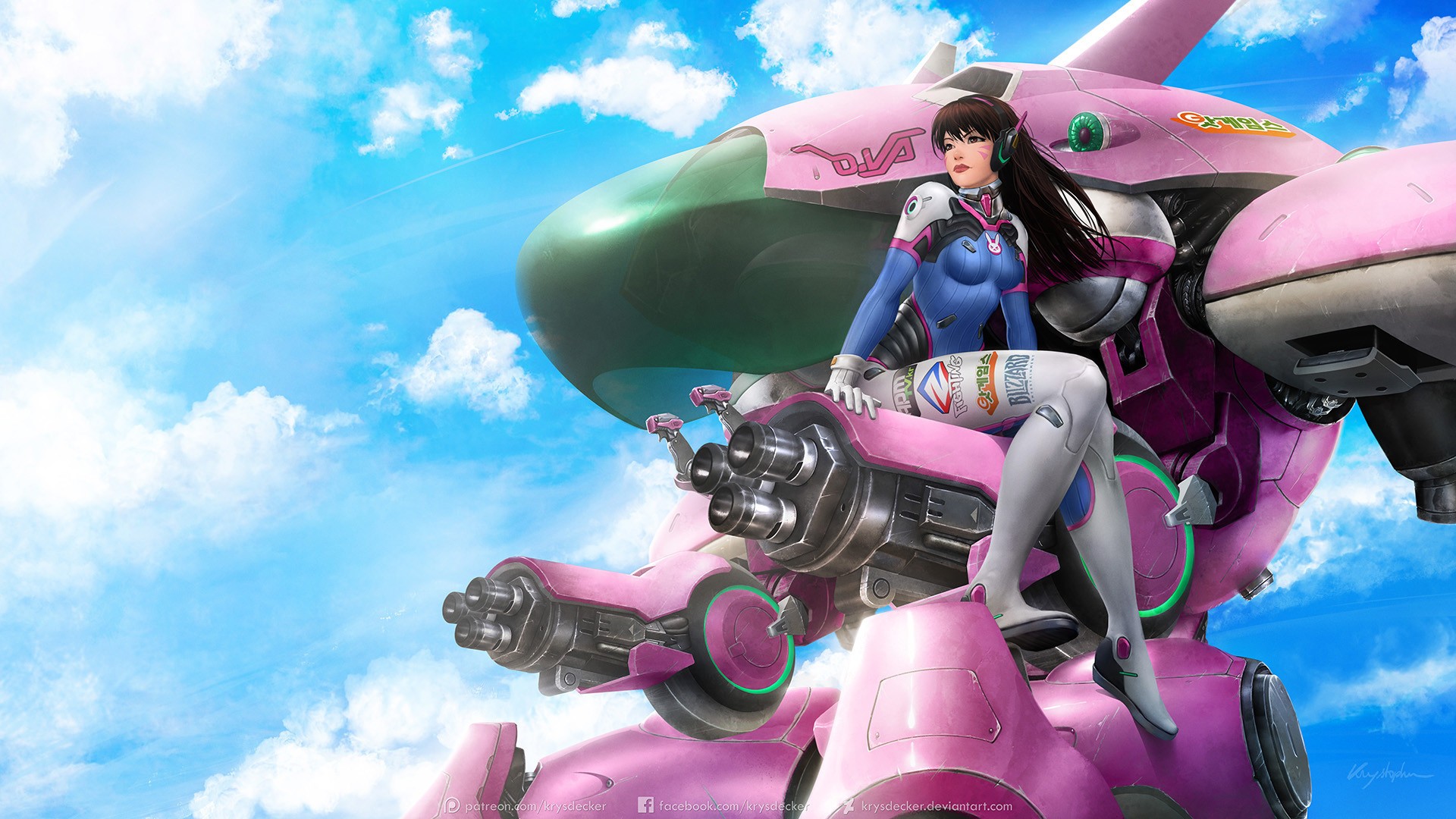 D.Va sitting on her pink mech in the sky HD Wallpaper