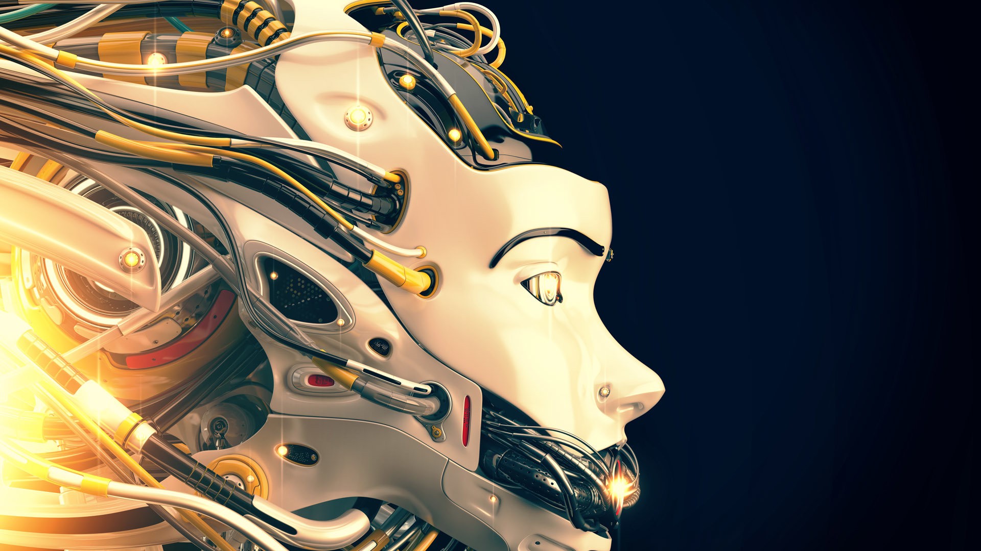 Cyberpunk robot face with wires and lights HD Wallpaper