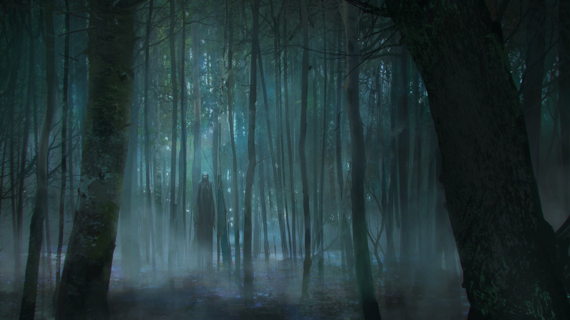 A figure stands in a misty, dark forest HD Wallpaper