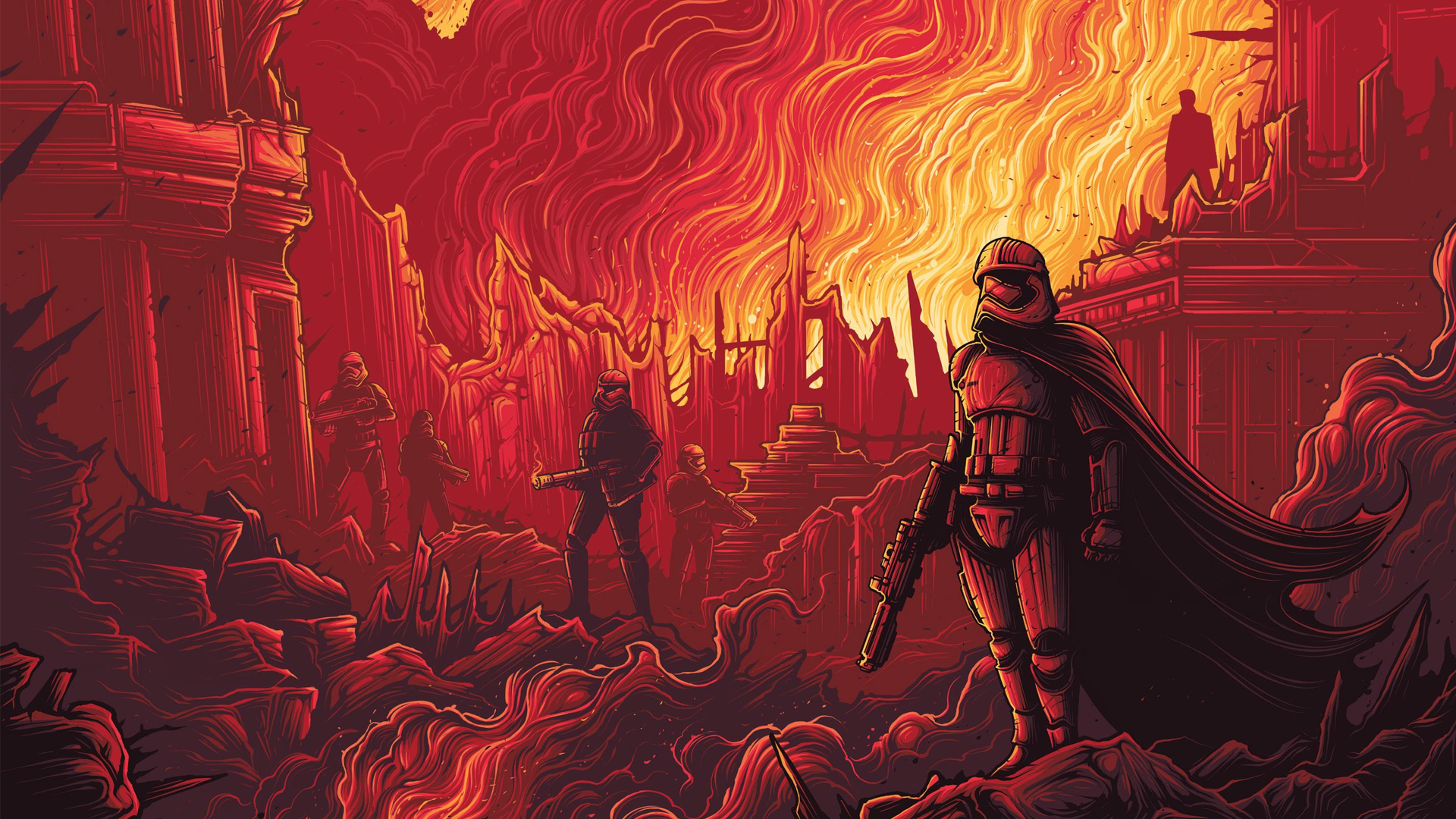 Star Wars stormtroopers in a burning city HD Wallpaper