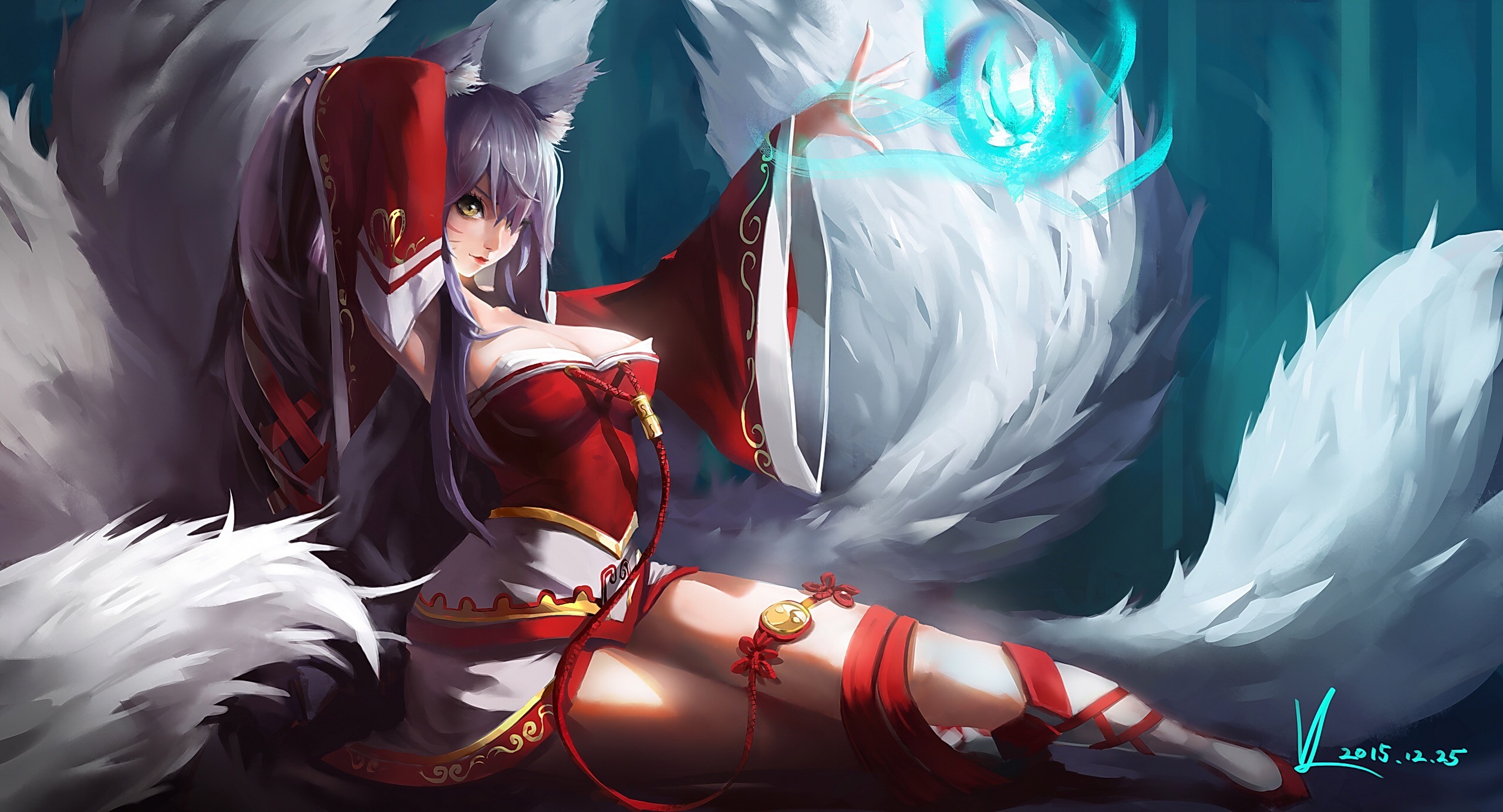 Ahri from League of Legends with nine tails HD Wallpaper