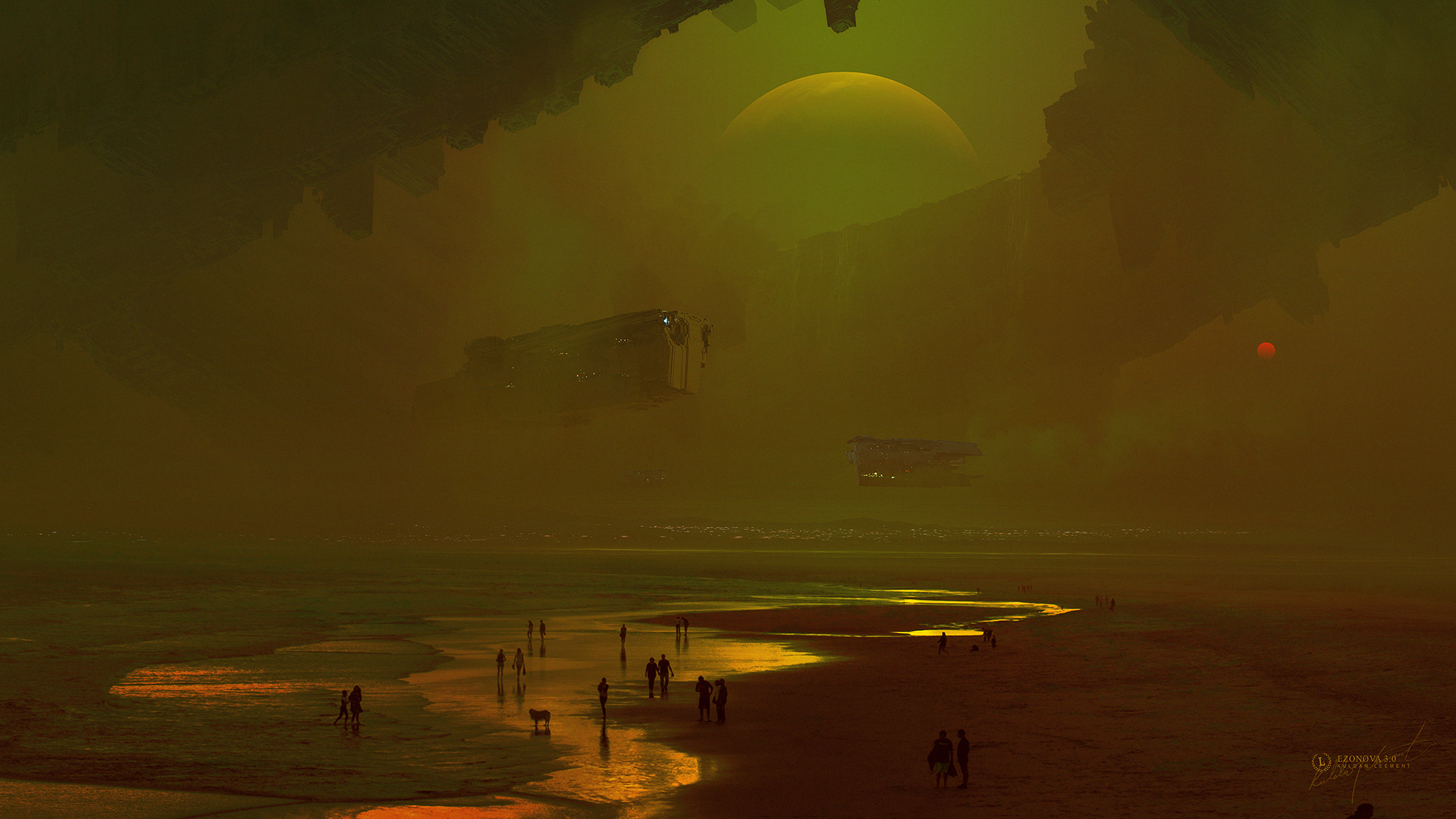 Digital art of a polluted beach with spaceships HD Wallpaper