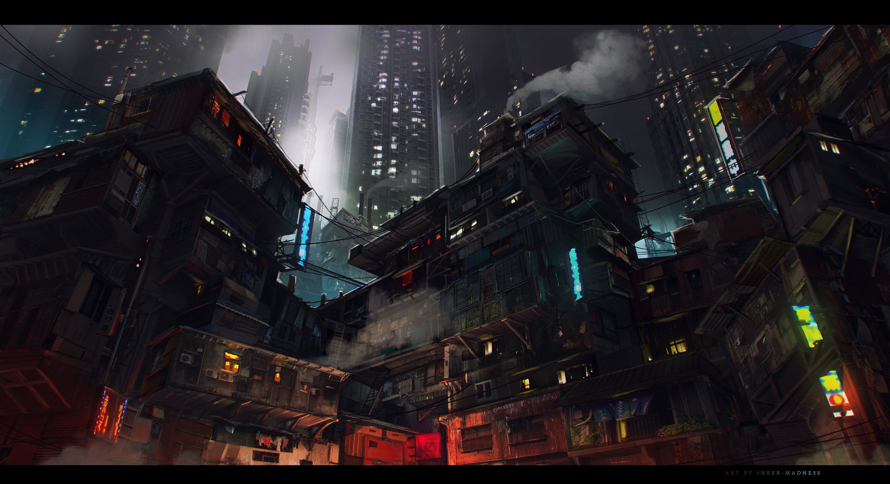Dark cyberpunk city with tall buildings and neon lights HD Wallpaper