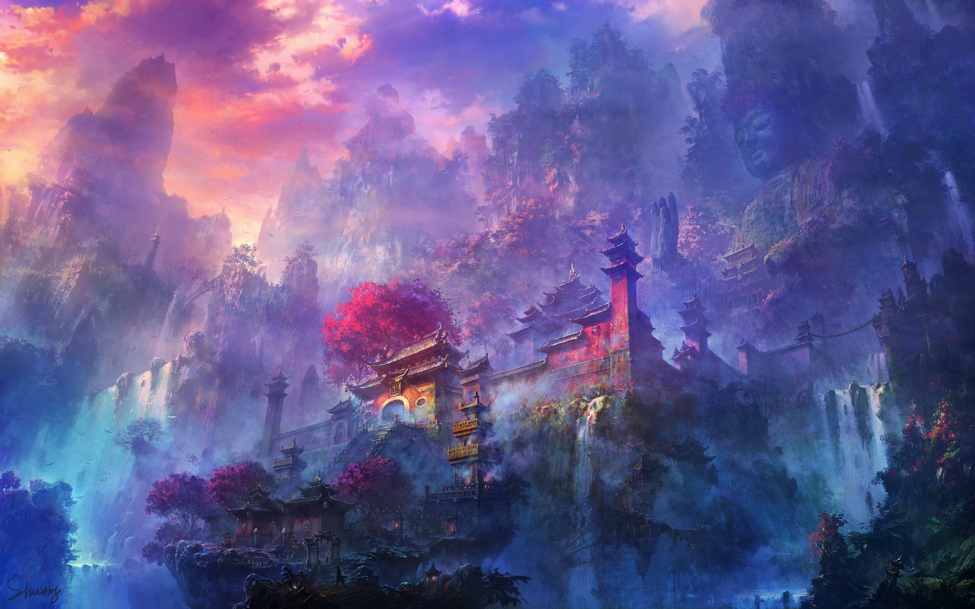 Digital art of a fantasy temple in a misty mountain forest HD Wallpaper