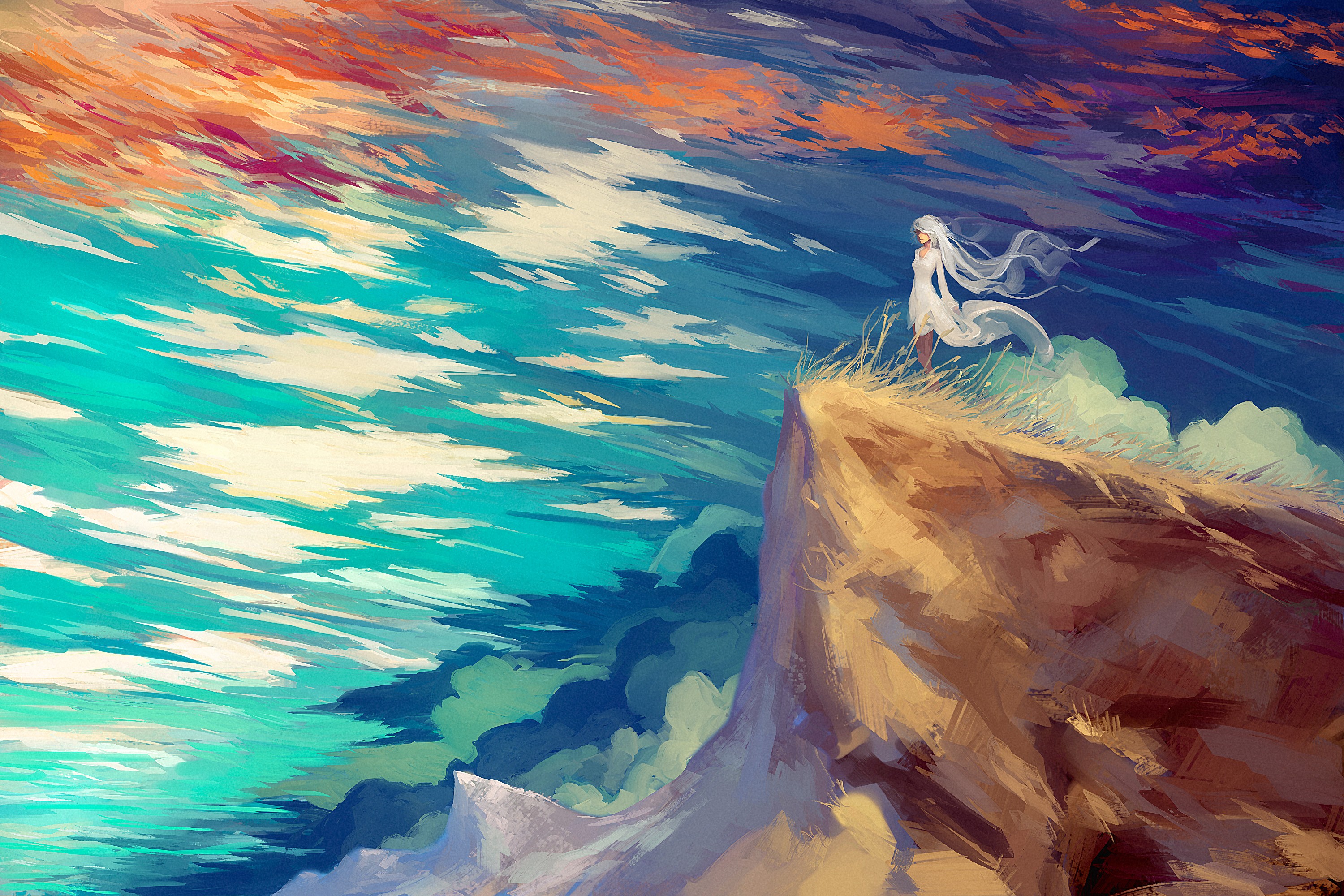 Artwork of a girl on a cliff overlooking the sky HD Wallpaper