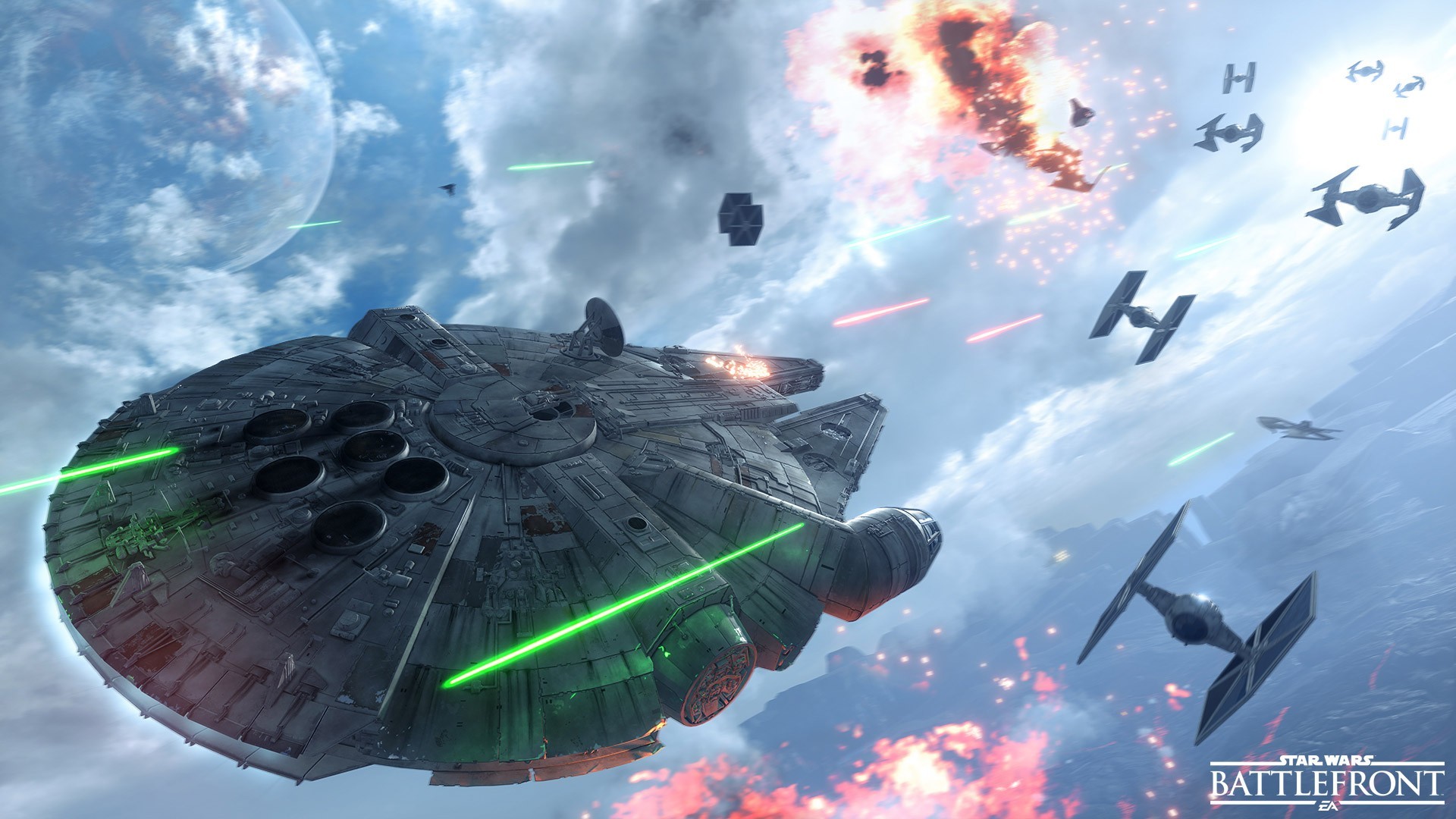Star Wars Battlefront Millennium Falcon and TIE Fighters battle HD Wallpaper