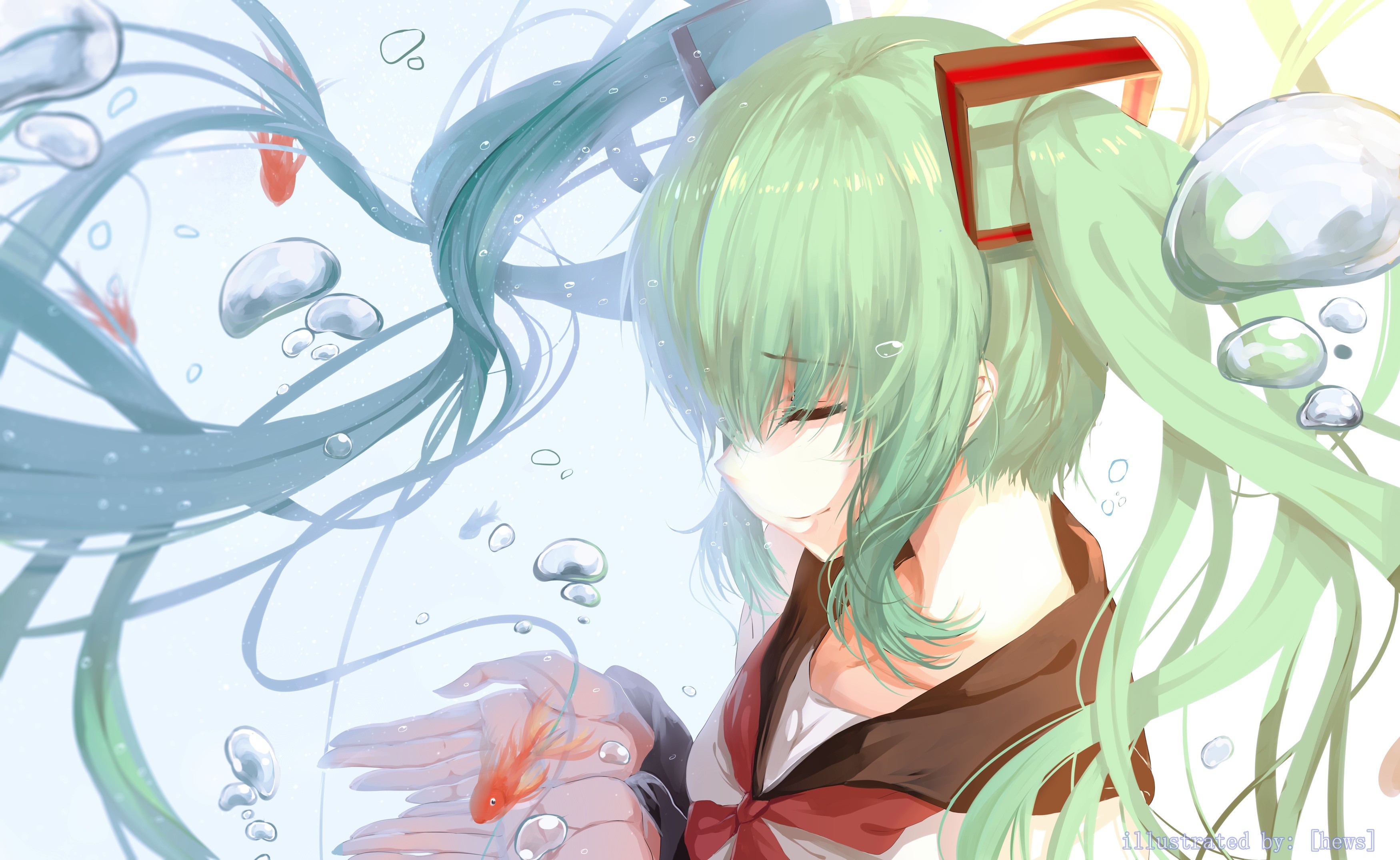 Hatsune Miku underwater with goldfish HD Wallpaper